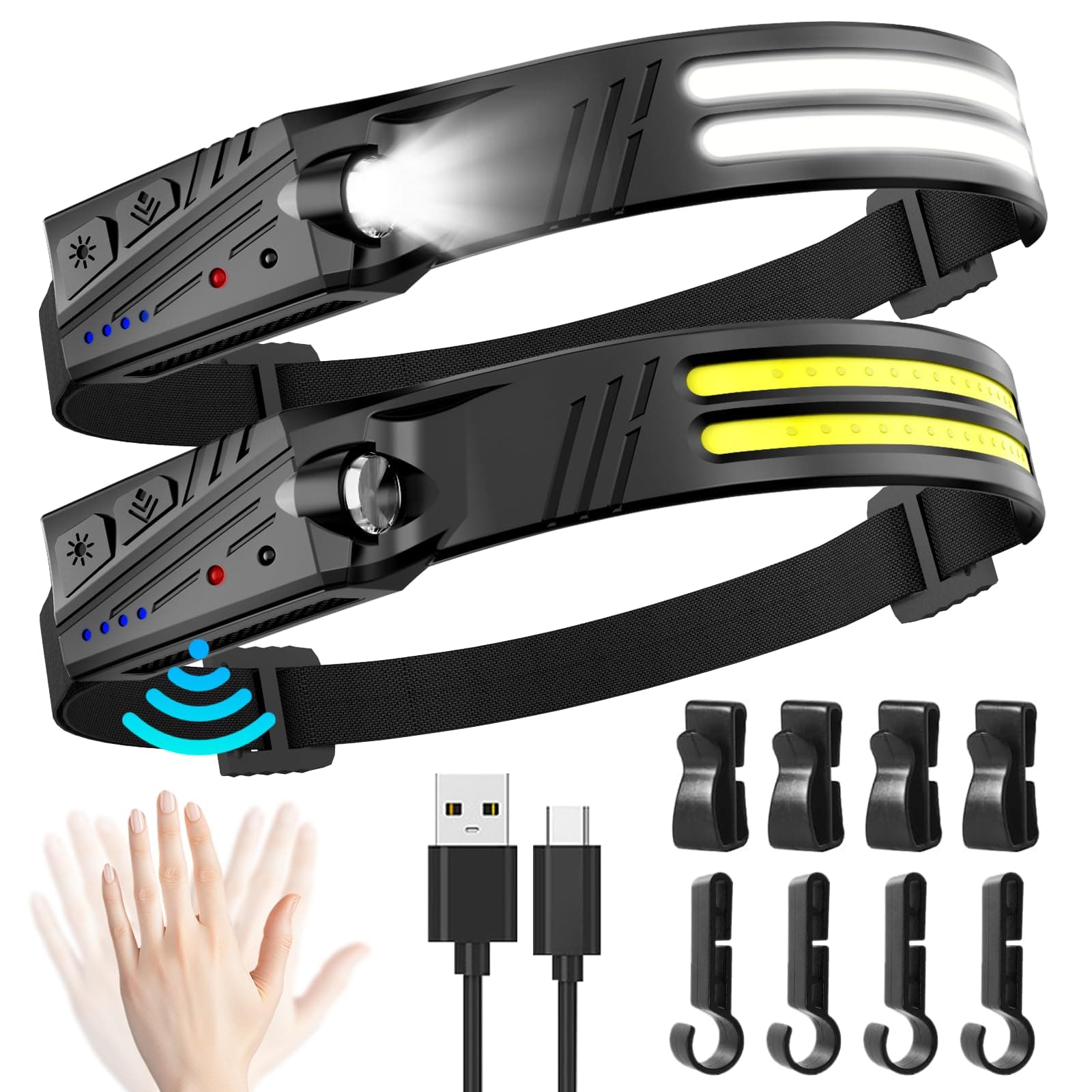 MLIAIMCE Linterna Frontal,2 Piezas Super Brillante 2000 Lúmenes Frontal Led Recargable con Sensor de Movimiento 230 °Ángulo 2*LED,IPX5 Impermeable 0.14lb Ligera Linterna Cabeza Para Correr Camping