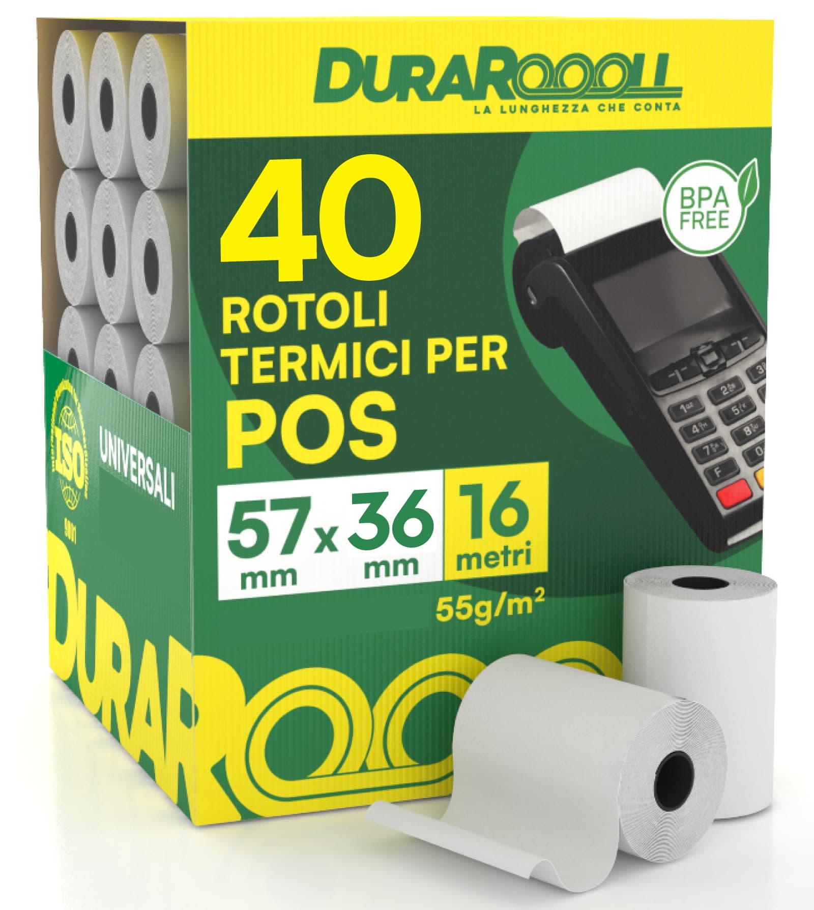 40 Rotoli Carta per POS Rotolini Termici 57x36 16m - Rulli Carta Termica DuraRoooll Compatibile con Nexi Axerve Ingenico SumUp Pax Smart POS - Rullini per Ricevute Bancomat Scontrini Carte di Credito