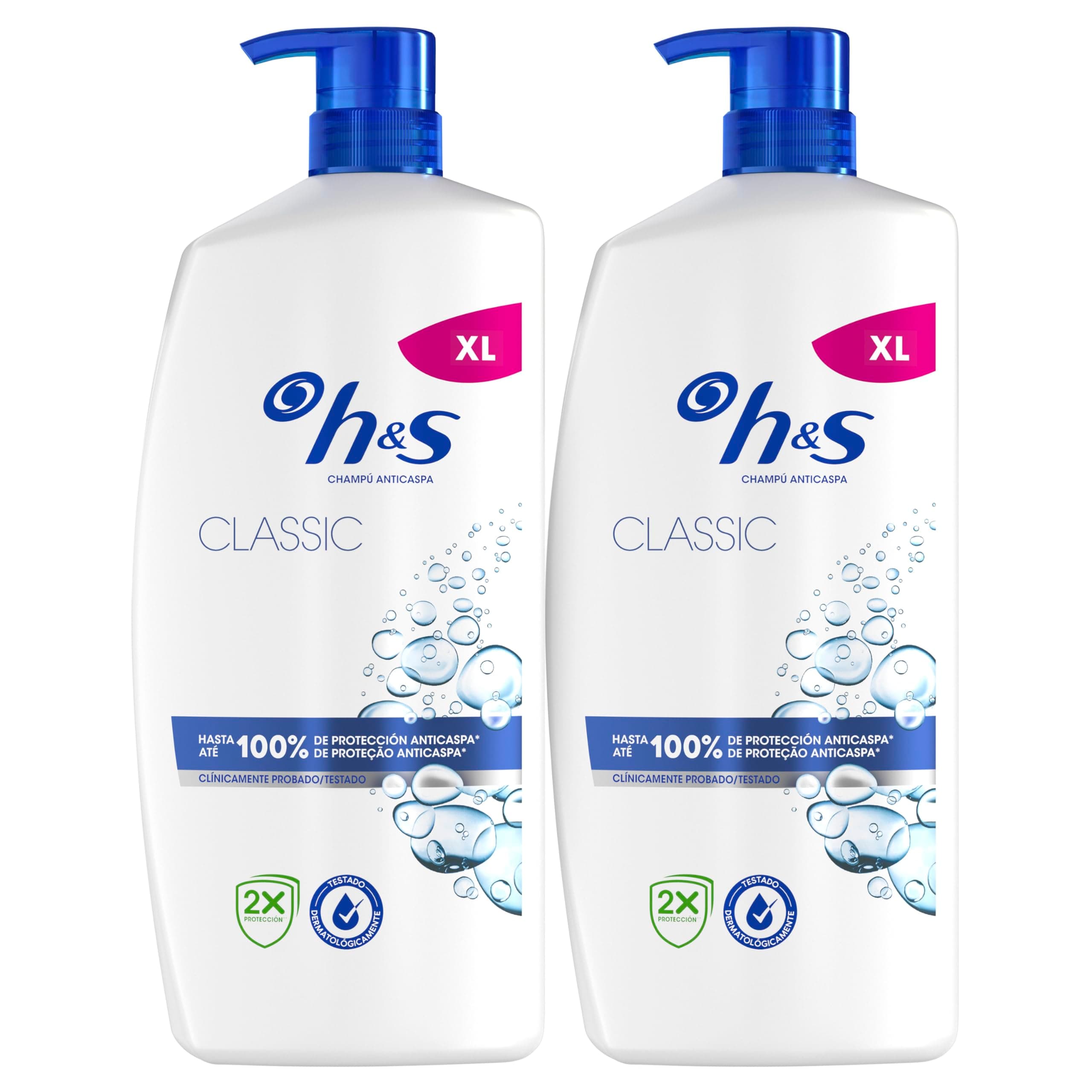 H&S Classic Champú Anticaspa 2X800ml Con Dispensador, Para Uso Diario. Hasta 100% De Protección Anticaspa, Clínicamente Probado. Para Todo Tipo De Pelo Y Cuero Cabelludo. Sensación De Frescor