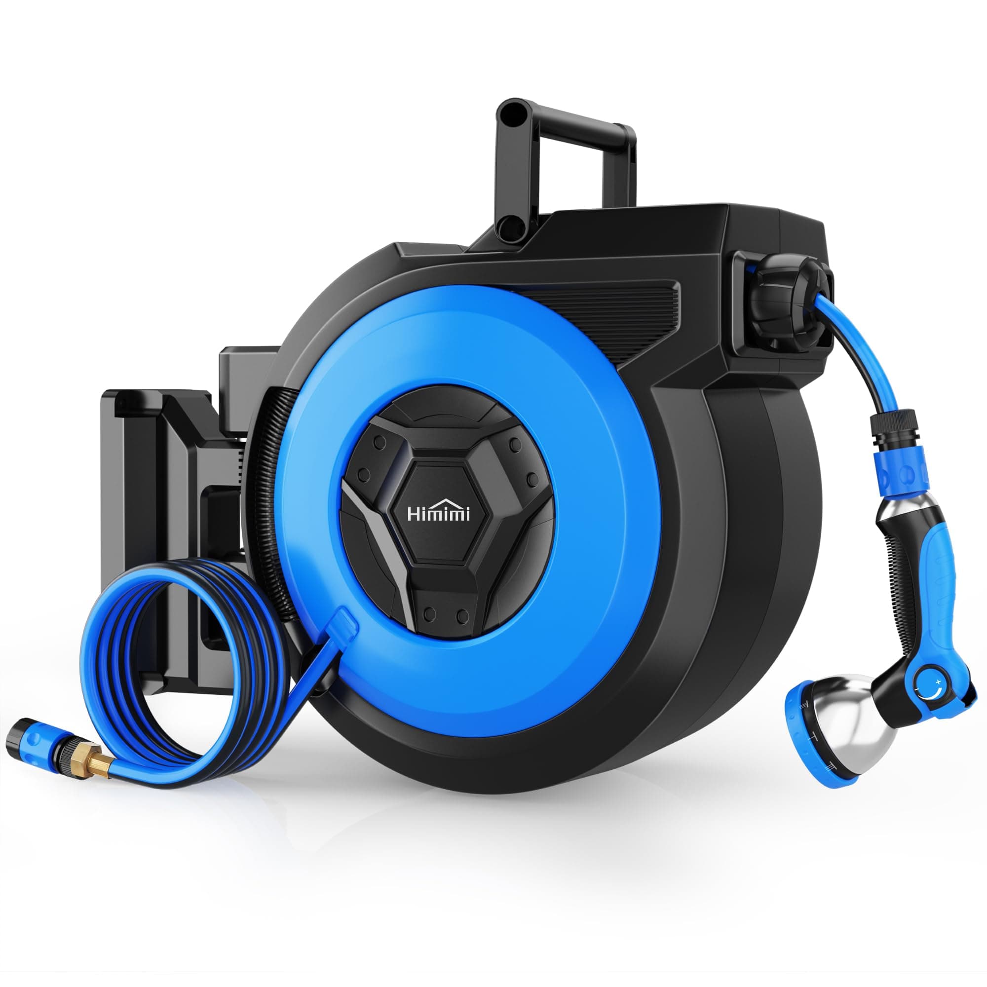Himimi Avvolgitubo da Giardino 30m + 2m, Avvolgitubo Acqua da Parete con Tubo 30m, Riavvolgimento Automatico, Orientabile 180°, Pistola Spruzzo 10-in-1 per Irrigazione Giardino