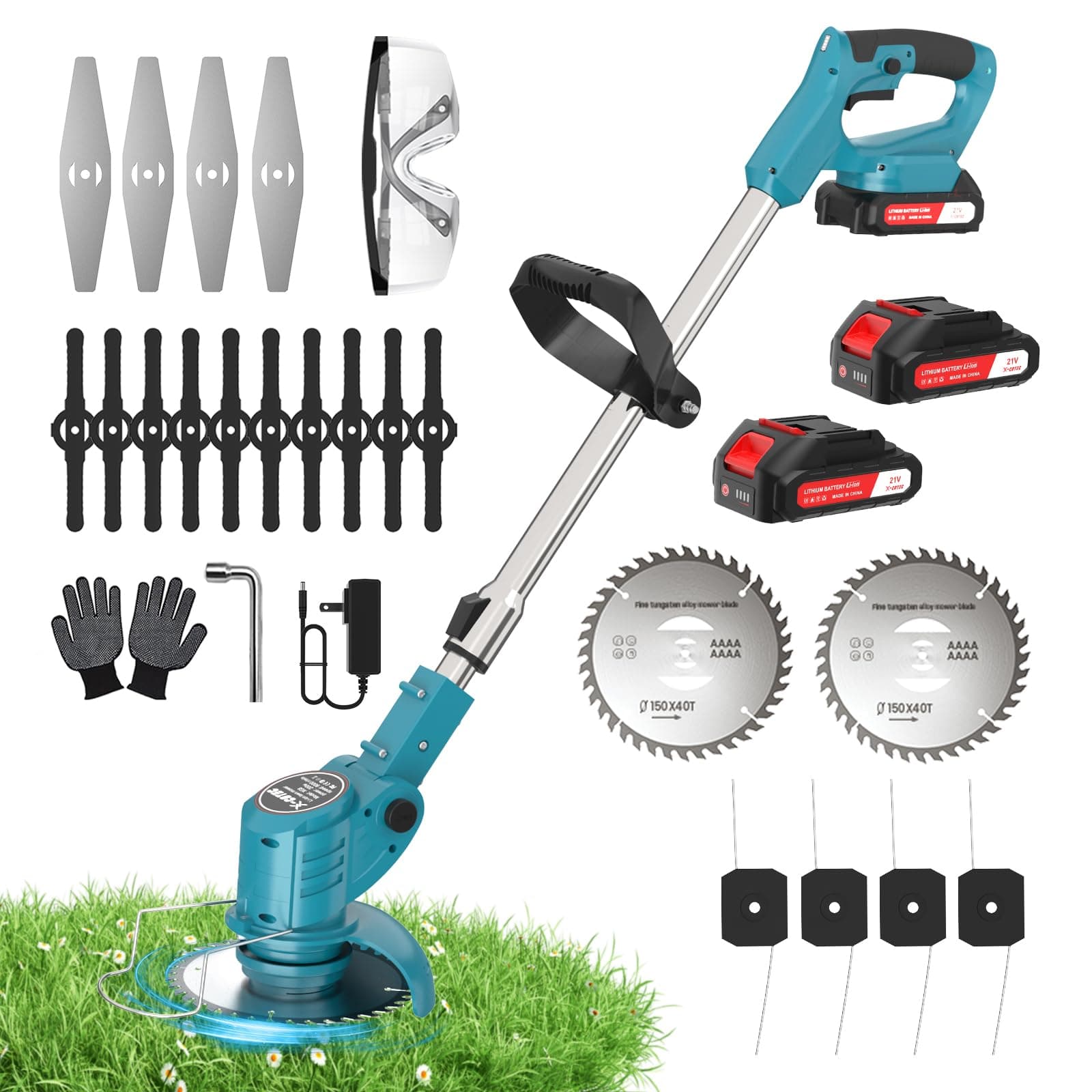 X-cotec Decespugliatore a Batteria, 800W/60Min, Decespugliatore Elettrico con 2 Batterie, Tagliaerba a Batteria 21V, 4 Tipi Lame, Angolazione Regolabili