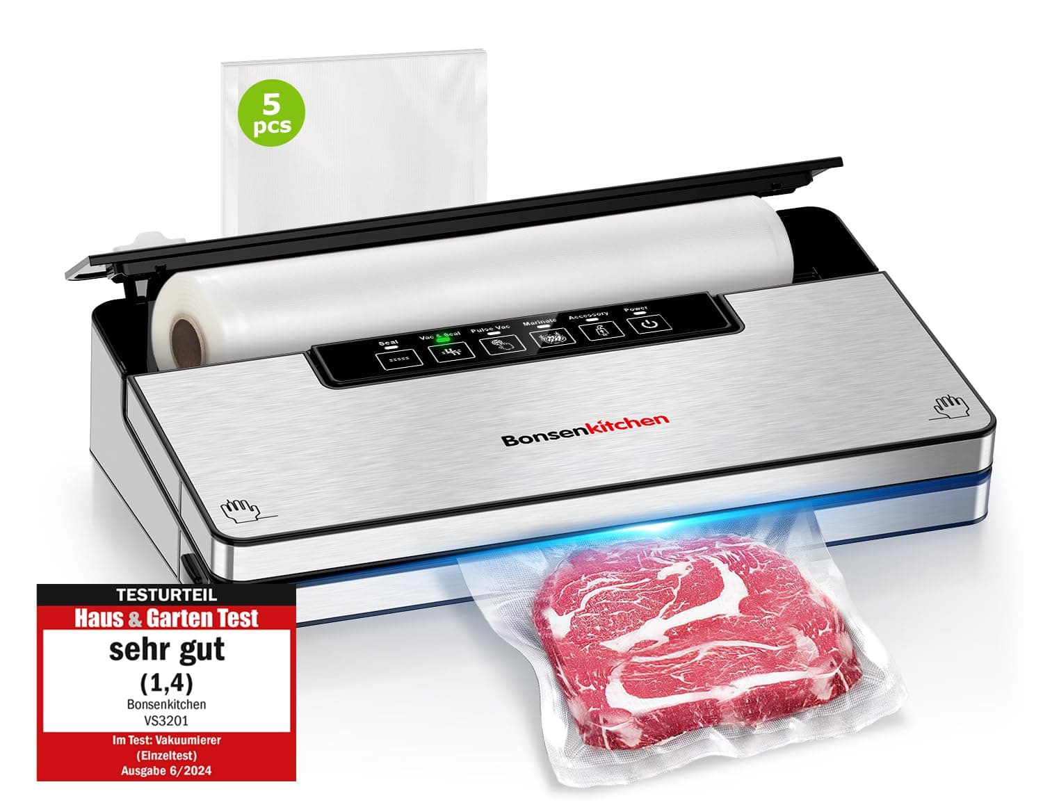 Bonsenkitchen Machine Sous Vide Alimentaire, Machine Sous Vide à 5 Modes-8 L/min, Technologie Globefish pour Un Travail en Continu à Grande Vitesse, Comprend 5 Sacs Sous Vide et 1 Sac en Rouleau