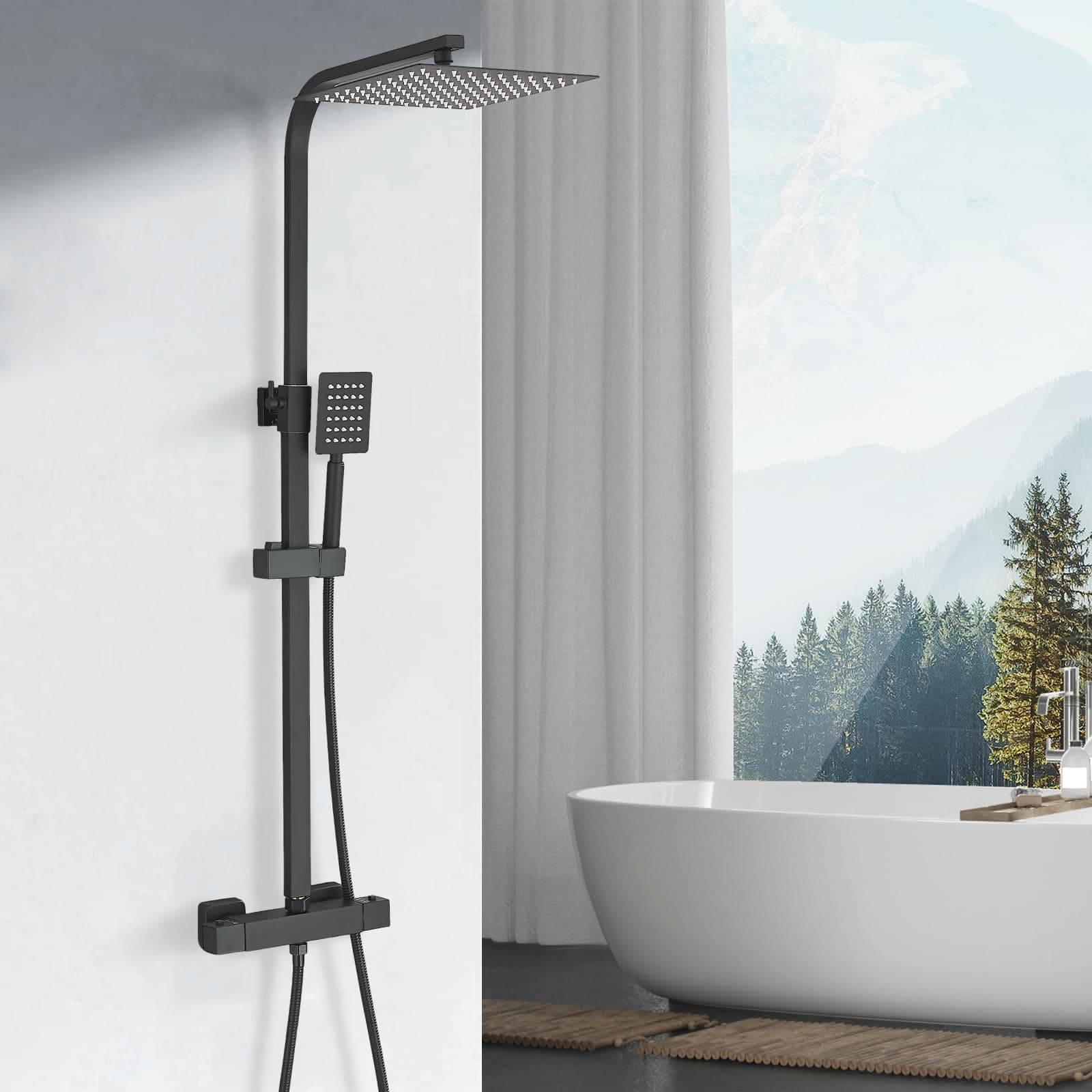 Cesinkin Noir Colonne de Douche Thermostatique avec Mélangeur Ensemble de Douche Réglable en Hauteur 25x25cm Pluie Pommeau de Douche Carré avec Douchette à main Acier Inoxydable