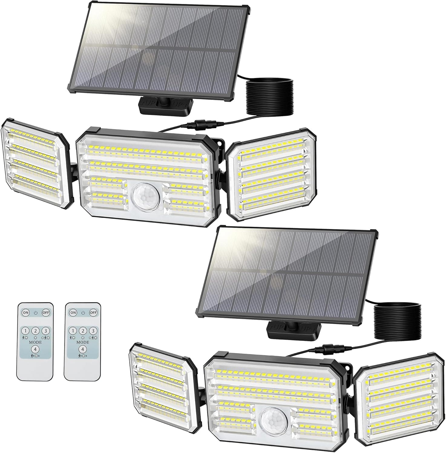 Possily Luz Solar Exterior con Sensor de Movimiento, Focos LED Solares con Control Remoto 4 Modos 2000mAh IP67 Impermeable, Lampara Solar Exterior para Jardín, 2 Piezas