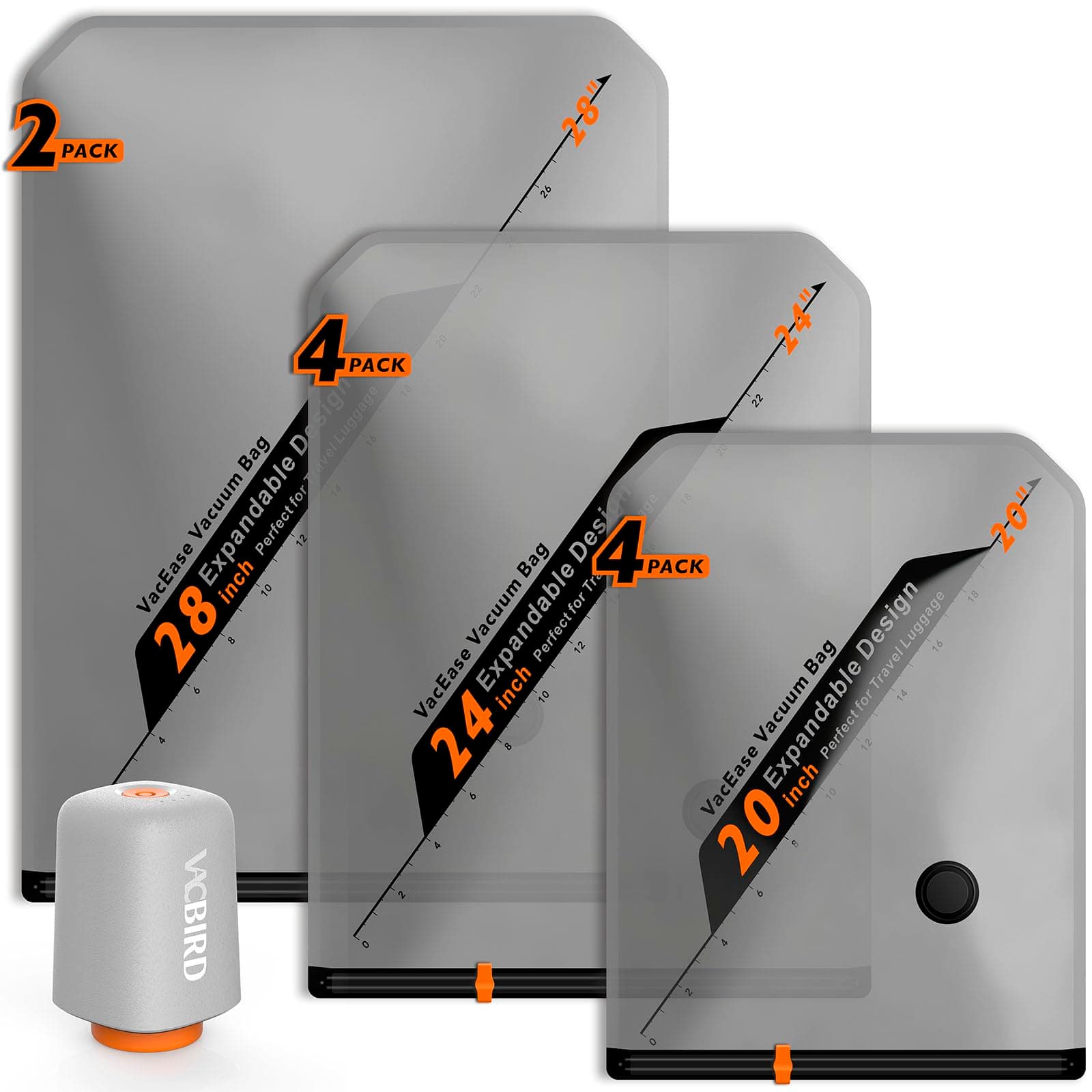 Vacbird Sac de Rangement Sous Vide avec Pompe à Vide Sans Fil, 10 Pièces (4 * 40x54cm, 4 * 47x64cm, 2 * 54x74cm), Sac Sous Vide Vetement Peu Encombrant – Idéaux pour Voyager et Organiser Vos Bagage