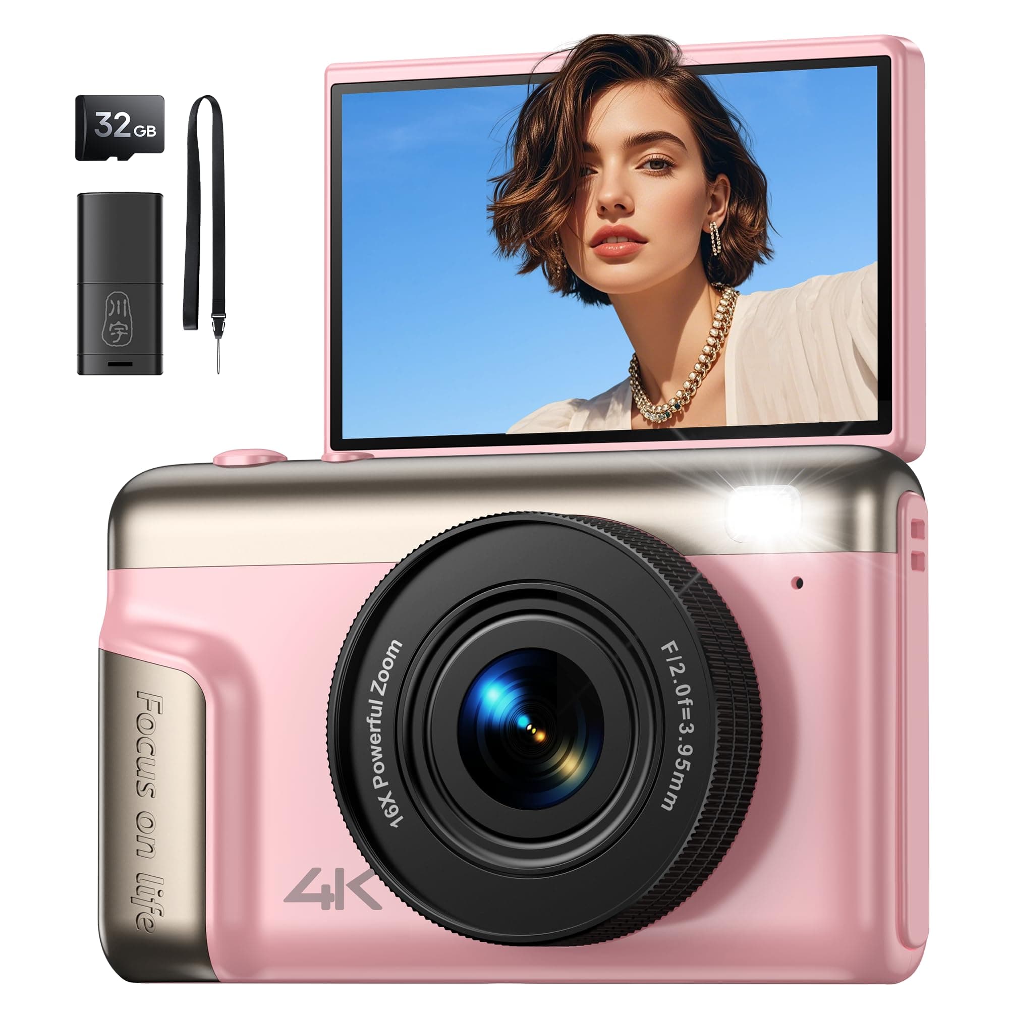 Appareil Photo Numérique 4K Digital: 64MP Appareil Photo Compact pour Vidéo avec Écran 3" Abattable 180° Digital Camera avec Zoom Numérique 16X Carte 32GB pour Enfants Débutants Adultes Étudiants Rose