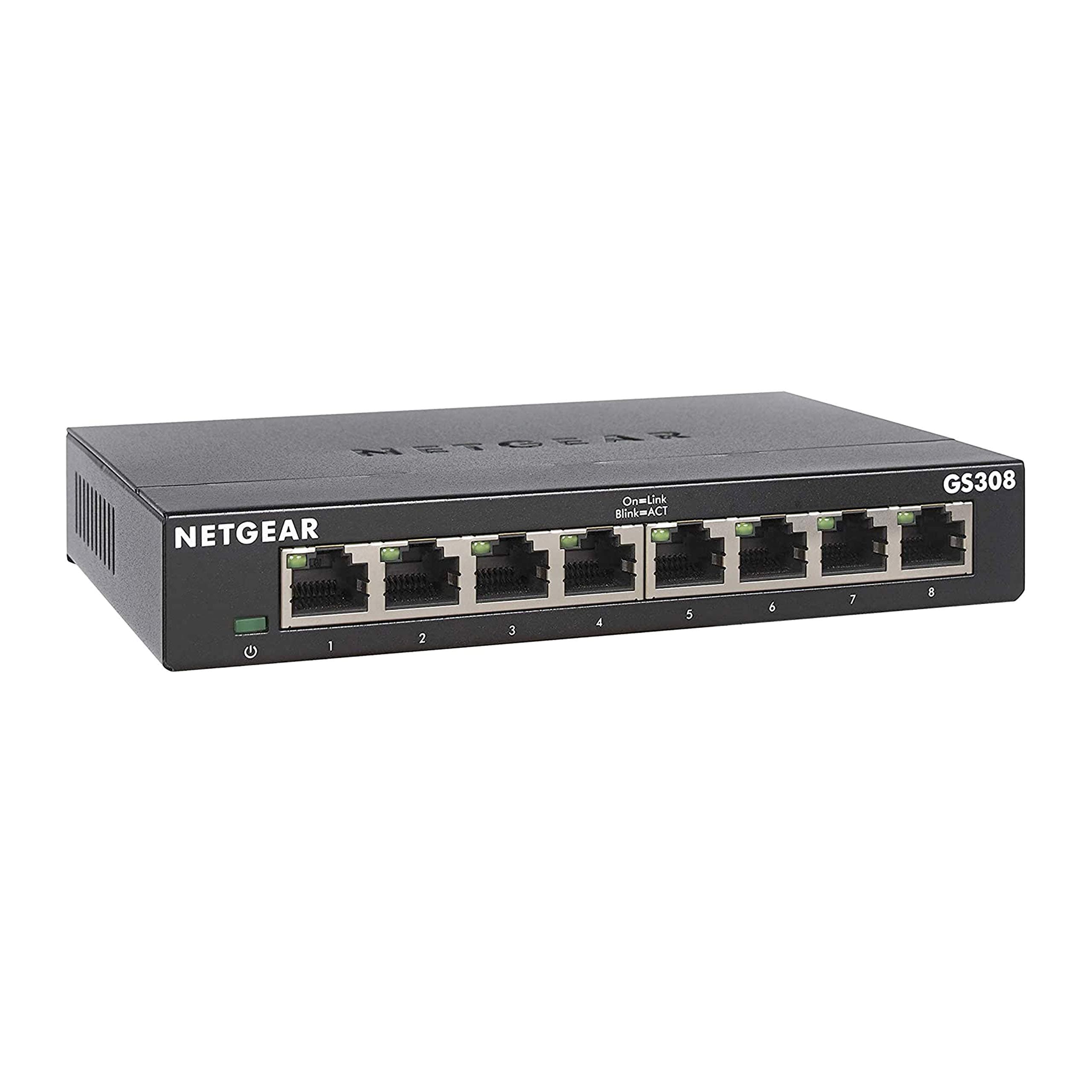 NETGEAR GS308 LAN Switch 8 Port Netzwerk Switch (Plug-and-Play Gigabit Switch LAN Splitter, LAN Verteiler, Ethernet Hub lüfterlos, Robustes Metallgehäuse mit EIN-/Ausschalter), Schwarz