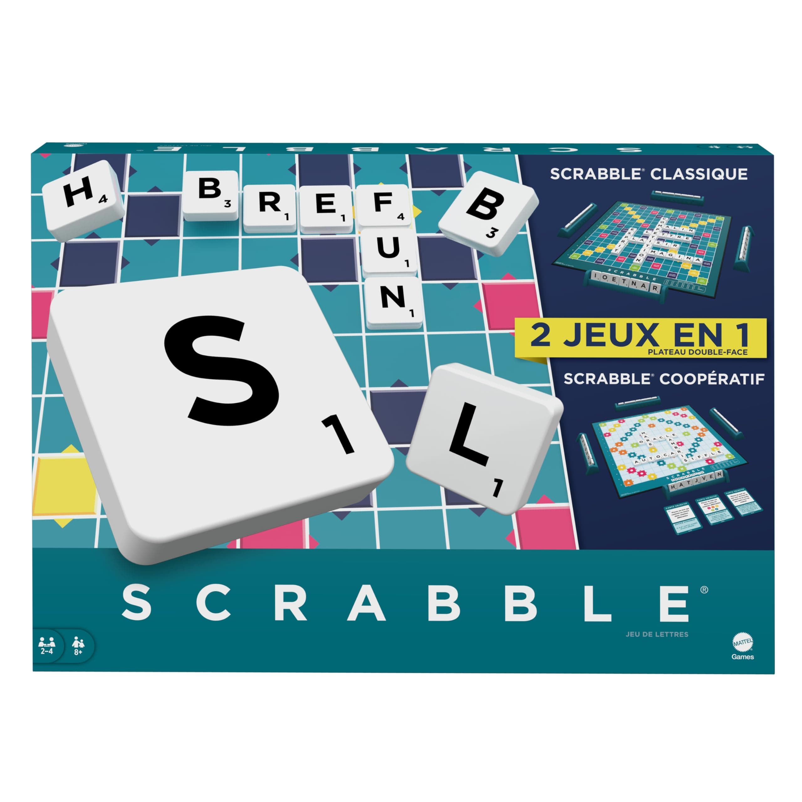 Mattel Games Scrabble Jeu De Société Familial avec 2 Modes De Jeu, 50 Cartes Objectif Incluses, pour 2 À 4 Joueurs, Version Française, Jouet Enfant, A Partir De 10 Ans, HWD44