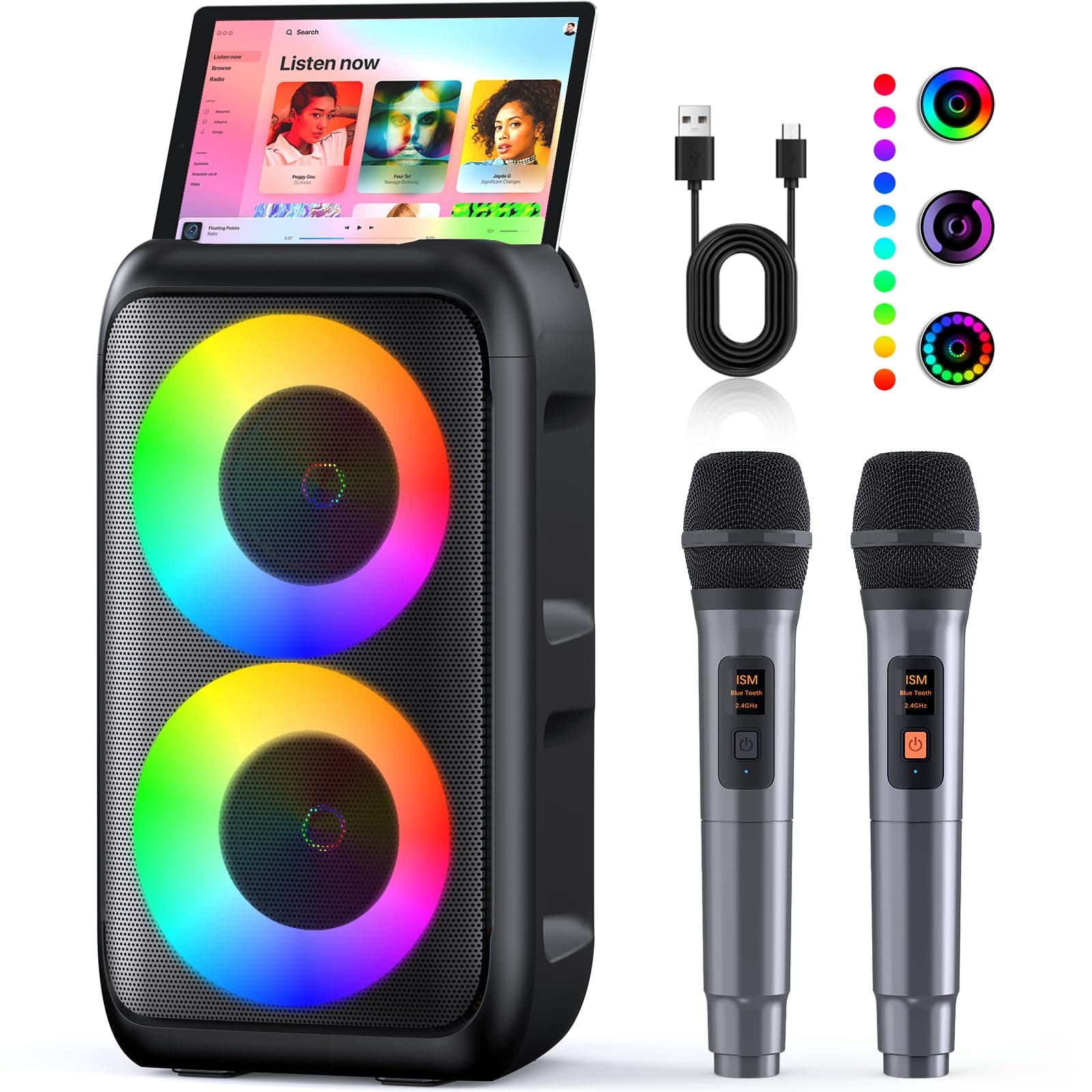 Karaoké Adulte (2026 Nouvelle Génération) | Enceinte Karaoke avec 2 Micro sans Fil | Compatible avec TV/Smartphone/iPad/TWS/AUX/USB/FM | pour Les fête, Les Anniversaire, Les Voyage (Noir)