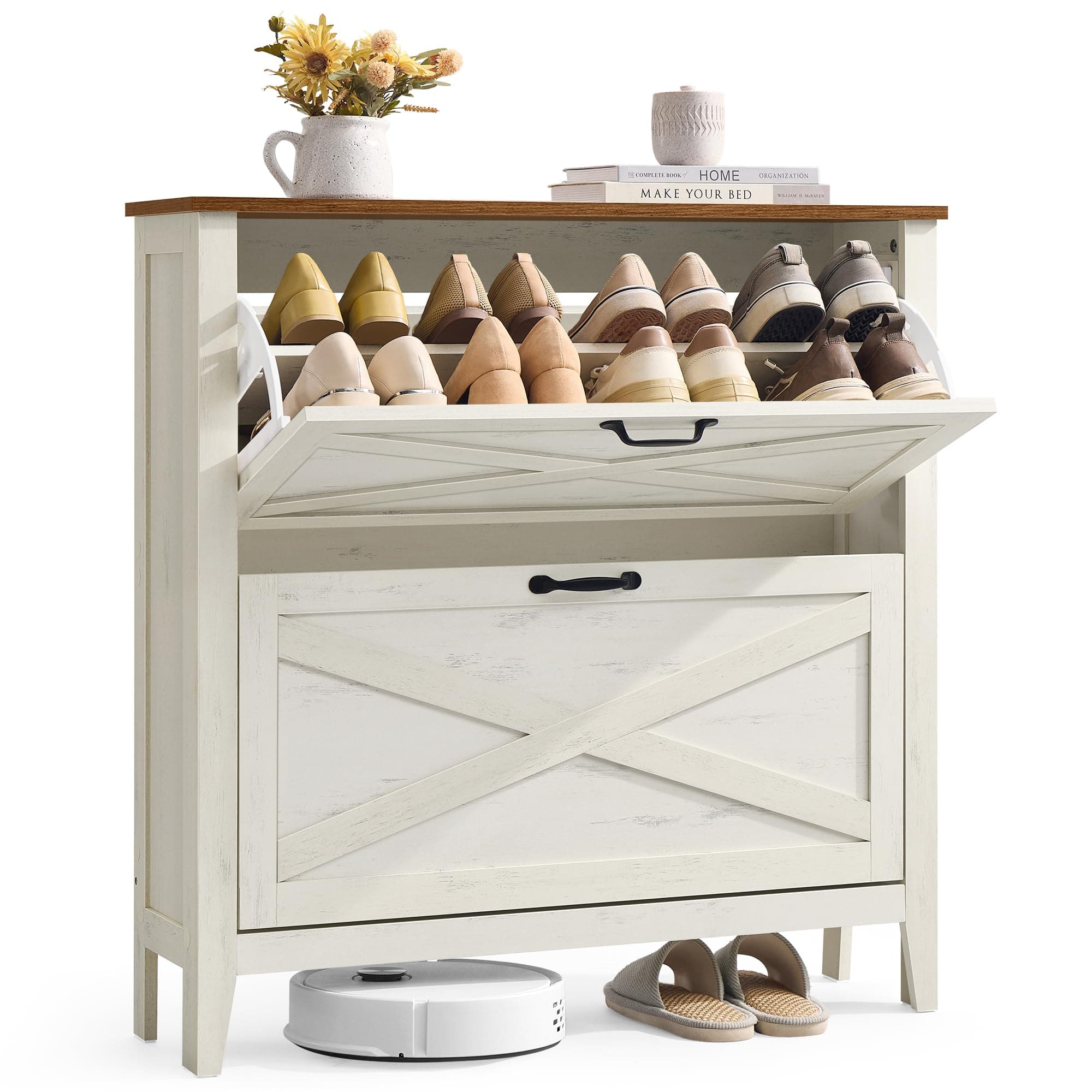 VASAGLE LIRY Colección - Mueble Zapatero, con 2 Cajones Abatibles, Zapatero Estrecho Independiente para Entrada, Estilo Rústico, para 12 a 16 Pares, Blanco Rústico HSC201W01