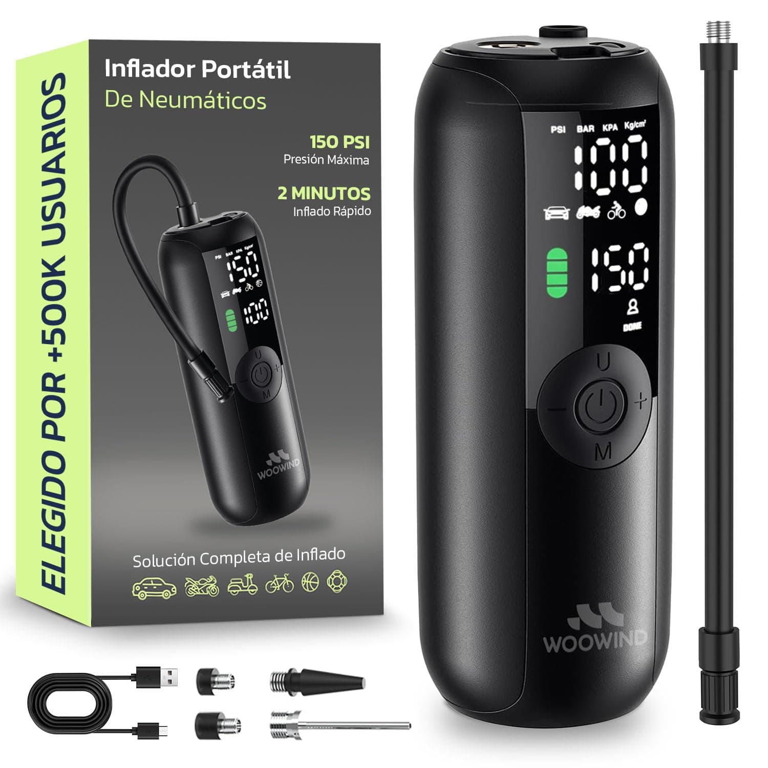 Woowind Compresor Aire Portatil 150PSI/10,3Bar, Bomba Bicicleta, Inflador Ruedas Coche, Inflado en 1 Minuto, Hinchador Ruedas Coche, Bici, Moto y Balones, Apagado Automático, Pantalla LCD Linterna LED