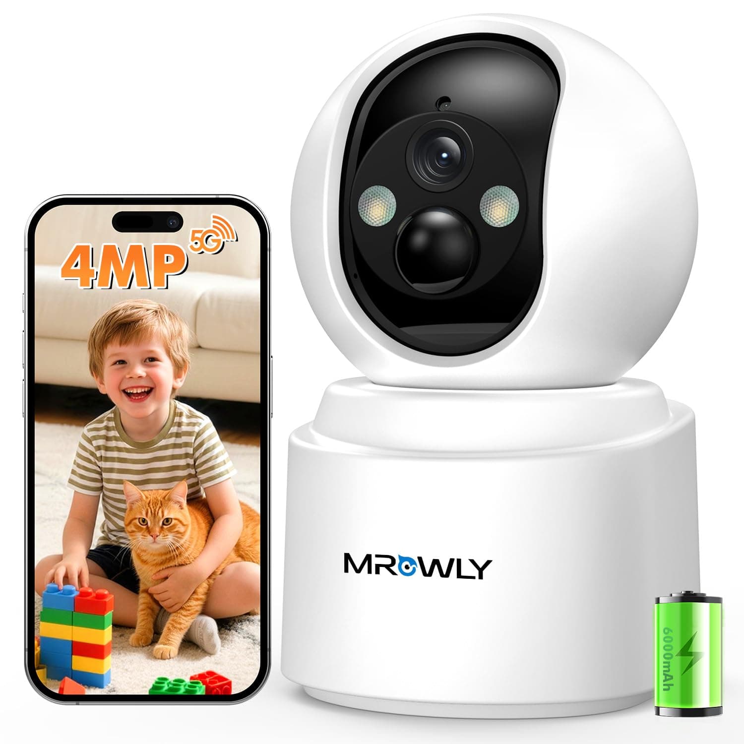 Mrowly 2.5K(4MP) Camera Surveillance WiFi Interieur sans Fil, 360° Caméra Interieur Batterie 6000mAh, 2.4G/5GHz, Vision Nocturne, Détecteur PIR, Audio Bidirectionnel pour Maison, Bébé et Animaux