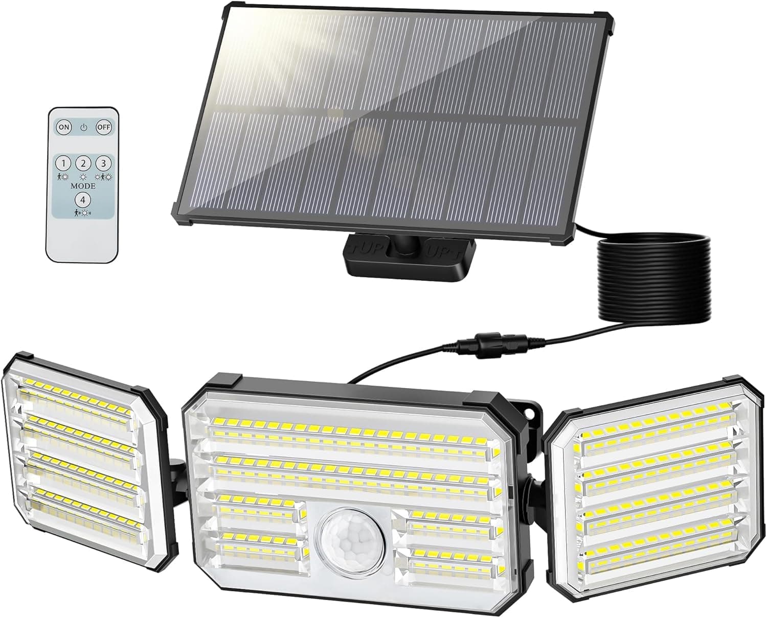 Possily Luz Solar Exterior con Sensor de Movimiento, Focos LED Solares con Control Remoto 4 Modos 2000mAh IP67 Impermeable, Lampara Solar Exterior para Jardín, 1 Pieza