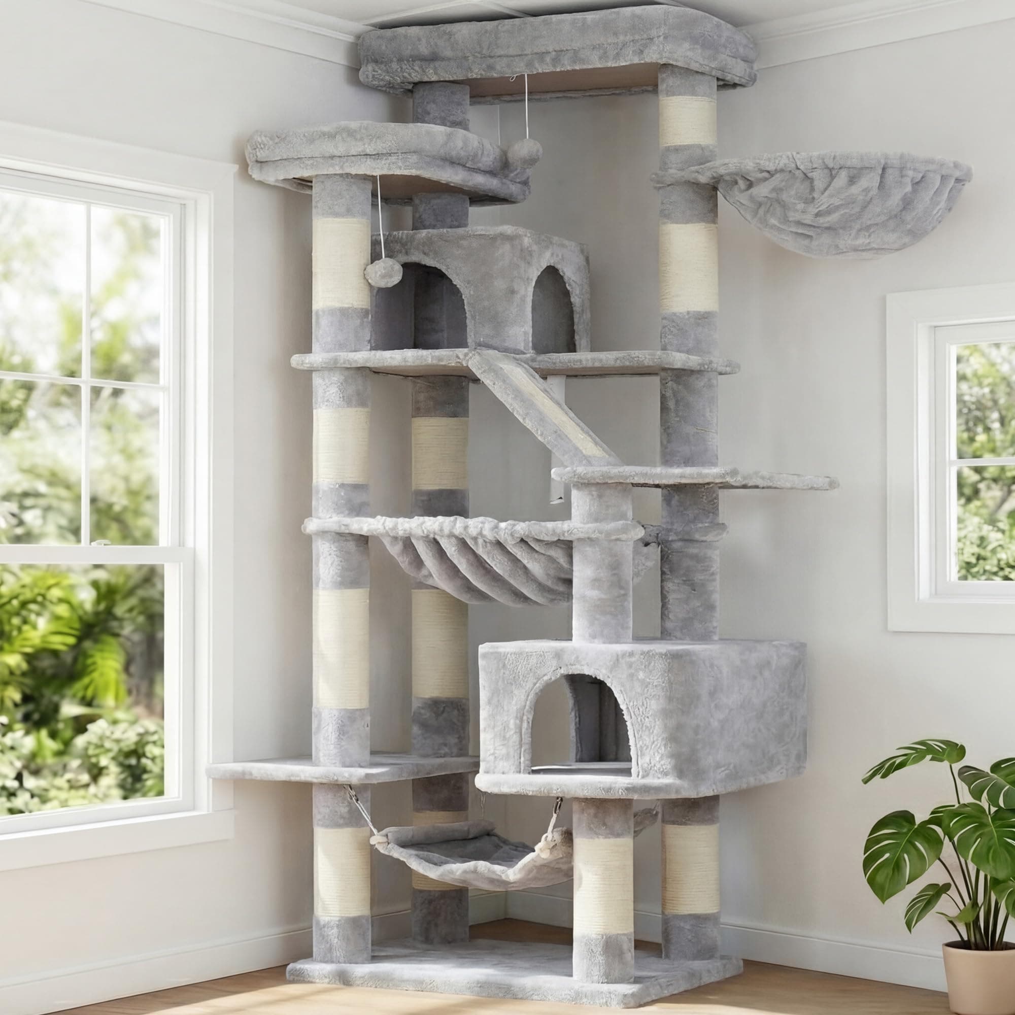 Heybly Rascador para Gatos, Torre De 180 cm, 2 Plataformas, 2 Cabañas, 2 Hamacas, Panel para Arañar. Gran Mueble para Gatos con Espacio De Dormir, Gris Claro HCT034W