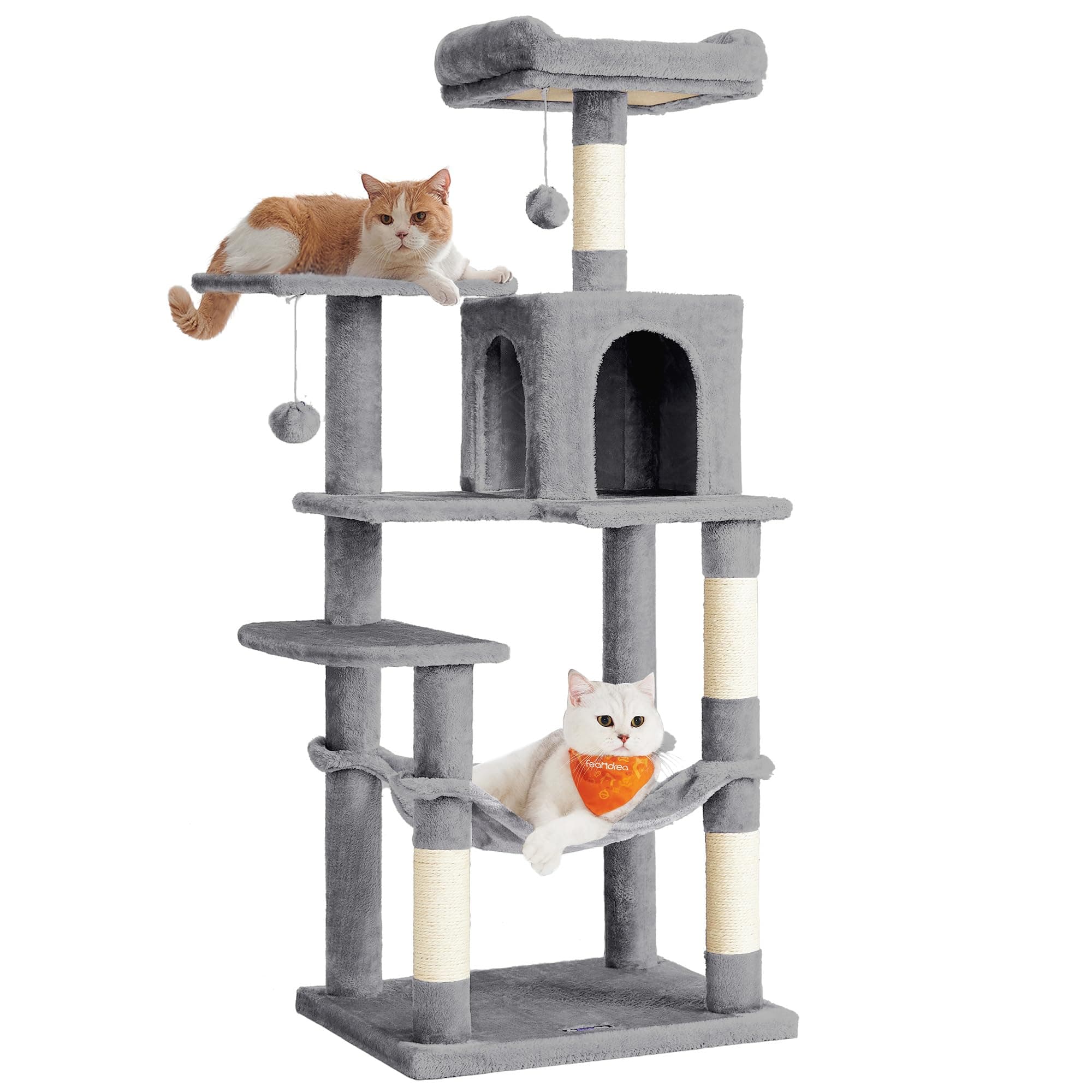 Feandrea Arbre à Chat Hauteur 143 cm, Tour de Jeux pour Chats, avec 4 Poteaux à Griffer, 2 Plateformes, 1 Niche, 1 Hamac, 2 Pompons, en Tissu Peluche, Multi-Niveaux, Gris Clair PCT161W01