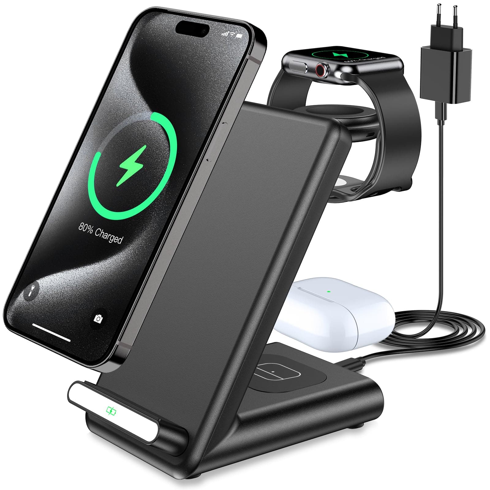 Chargeur Induction 3 en 1, Chargeur sans Fil pour iPhone 17 16 Pro Max/17 Air/16e, pour 15 14 13 12 11 Série/XS, Station de Charge pour Apple Watch Ultra 11 10 9 8 7 6 SE 5 4, Air-Pods Pro 3/4
