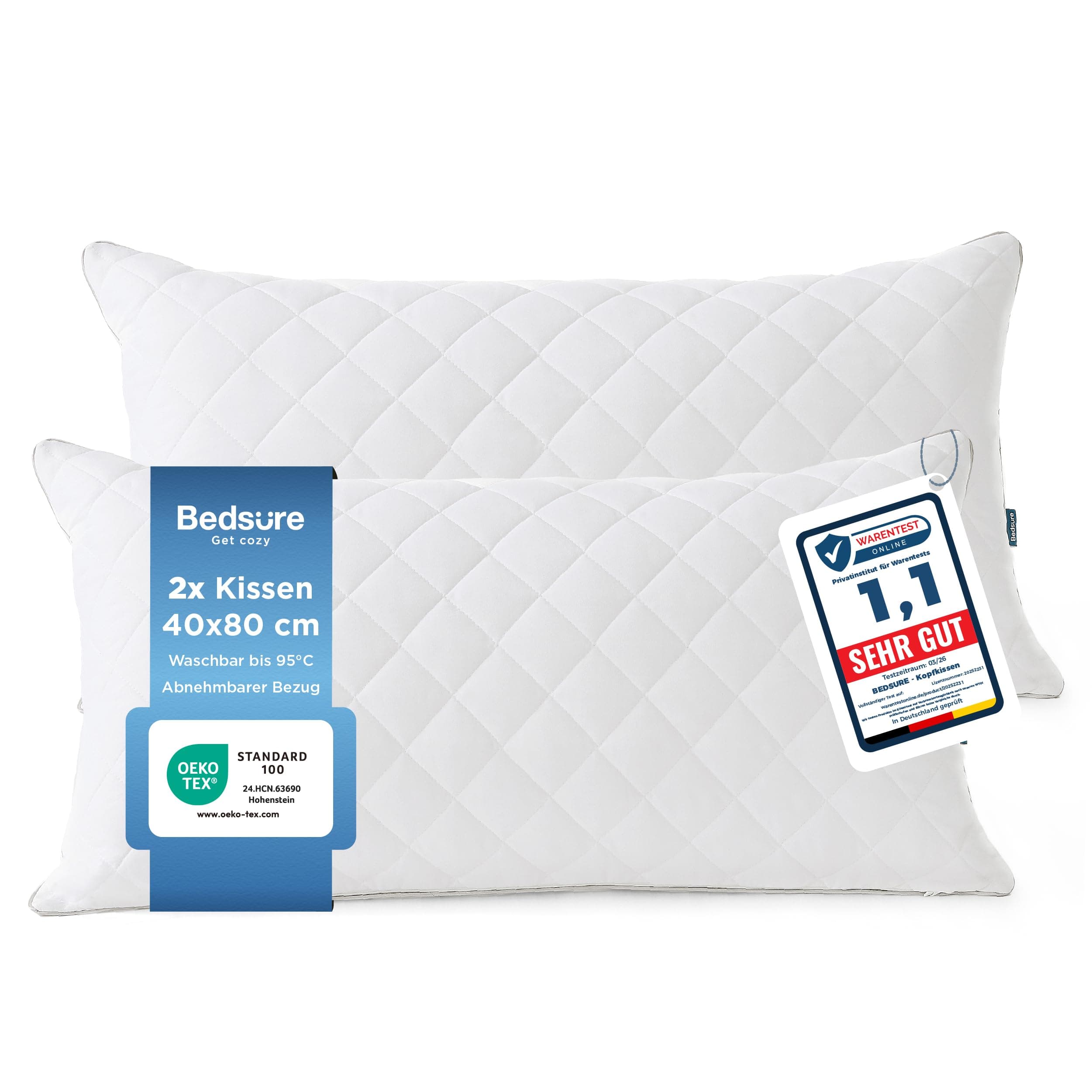 BEDSURE Kopfkissen 40x80 2er Set - Kissen 40x80 mit Reißverschluss, Anti-Milben - Antiallergisch Schlafkissen, Oeko-TEX Zertifiziert, 650g Füllmenge Anpassbar, Bis 95 Grad Waschbar