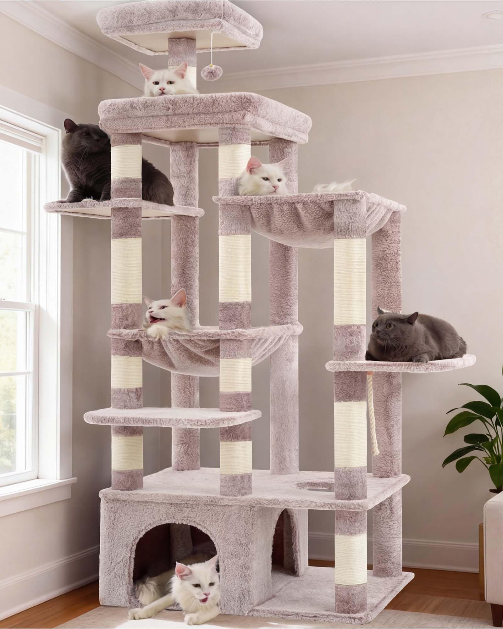 Heybly Árbol para Gatos, 180 Cm con Rascador para Gatos, Base Extra Estable, Plataforma XL, Casa Grande, 2 Hamacas, Ideal para Razas Grandes como Maine Coon, Beige Marrón HCT037MU