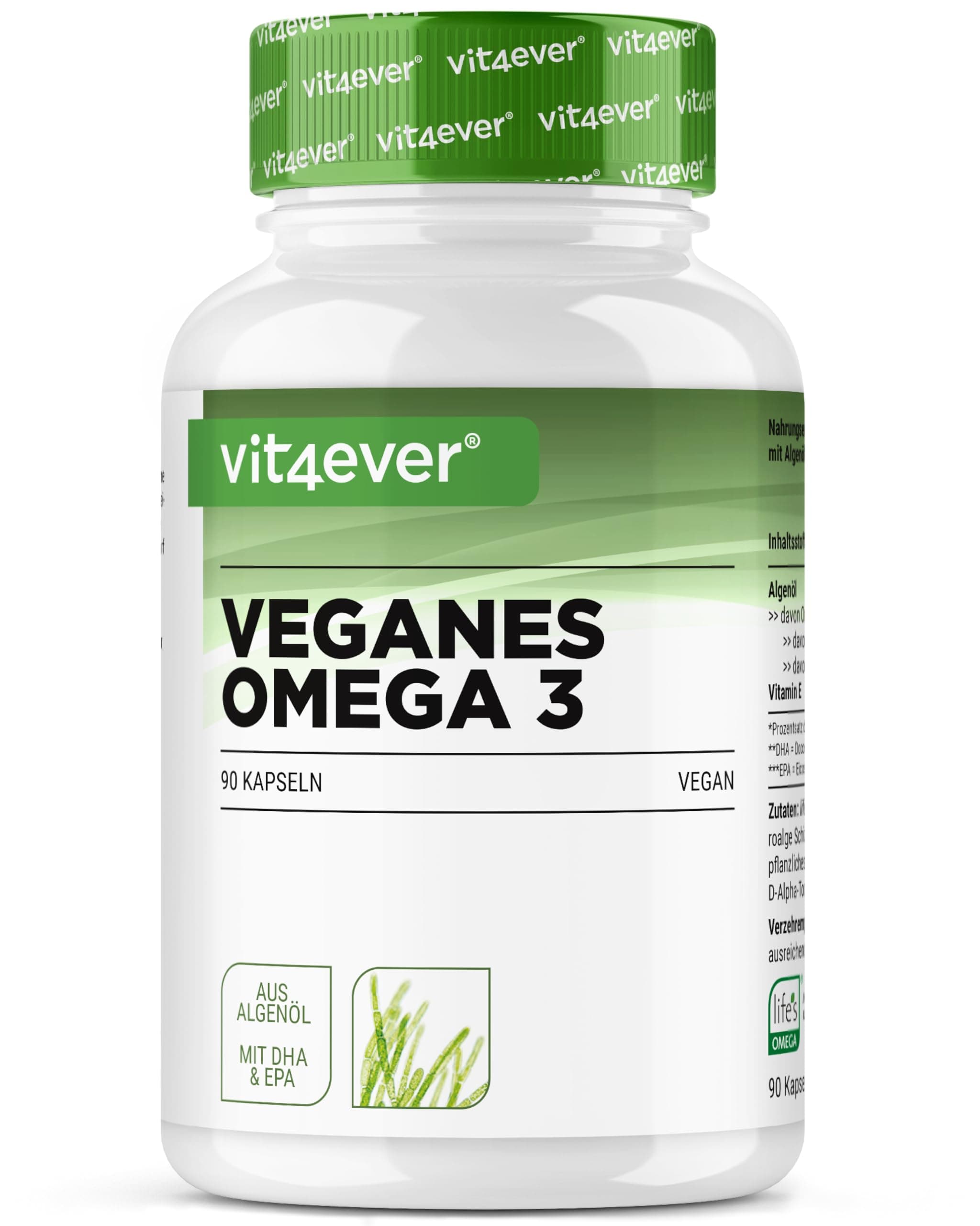 Omega 3 Vegan - 90 Softgel Kapseln - 1500 mg Algenöl pro Tagesdosis - Markenrohstoff life's OMEGA - 450 mg DHA + 225 mg EPA in natürlicher Triglycerid Form - Hochdosiert