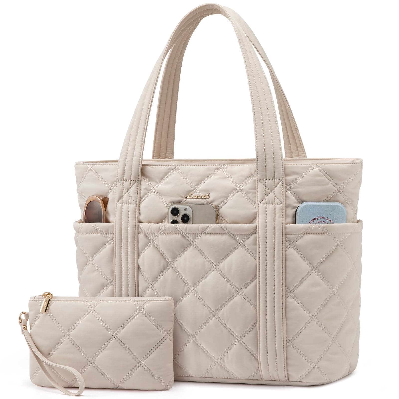 LOVEVOOK Handtasche Damen Shopper Tasche Mittelgroß, Leicht Puffer Tote Bag Arbeitstasche mit Reißverschluss, 15,6 Zoll Laptoptasche Schultasche Handbags Women für Uni Büro Arbeit Reisen, Beige