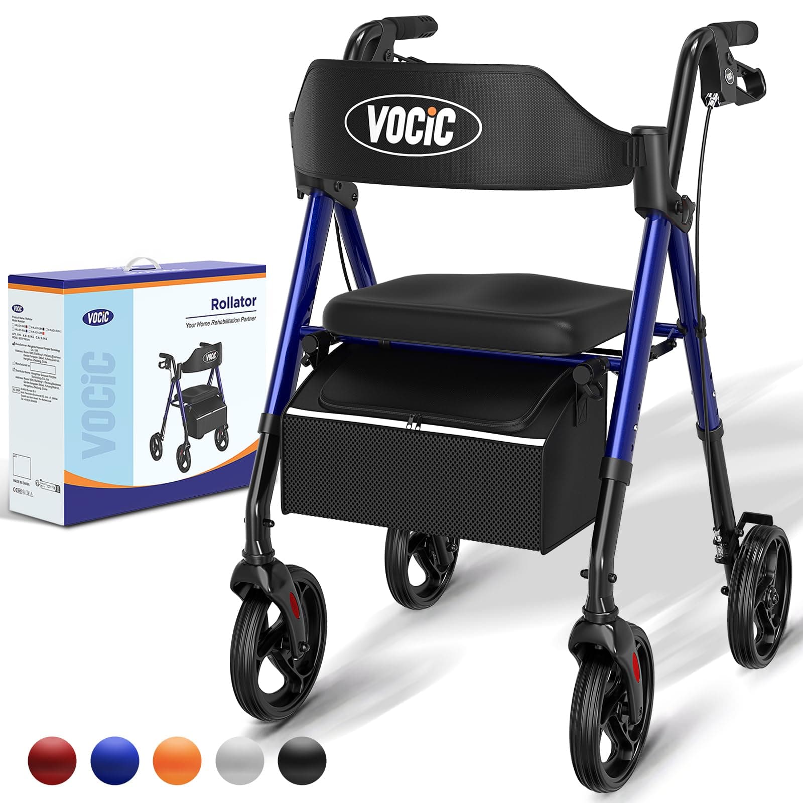 VOCIC deambulateur 4 roues pliable leger,Rollator en aluminium léger avec siège,Pour tous les terrains, Siège réglable en hauteur,Se range facilement dans le coffre,Bleu Saphir | Garantie de 5 ans