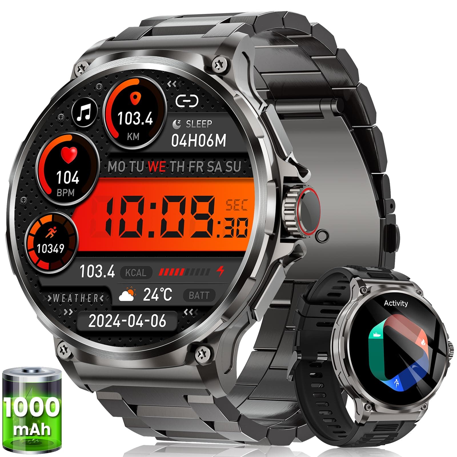 Reloj Inteligente Hombre con 1000mAh Batería, 1.92" AMOLED, 5ATM Impermeable Smartwatch Militar con Llamadas, 120+ Modos Deportivos, 24/7 Pulsómetro/Sueño/Podómetro Pulsera Actividad Android iOS Negro