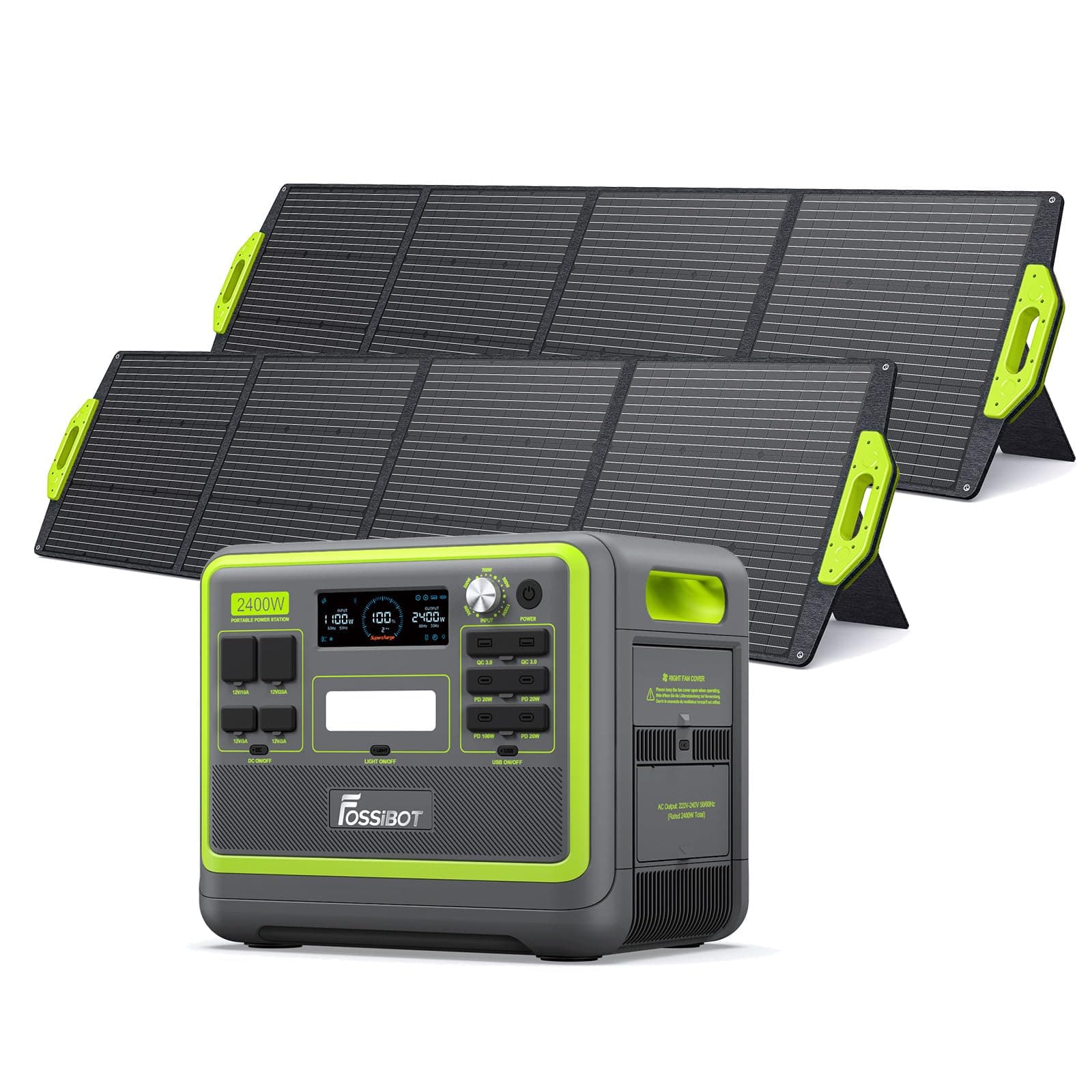 FOSSiBOT F2400 Generador Solar Portatil, 2 paneles solares de 200 W, Batería LiFePO4 de 2048Wh,Salida de 2400W CA (4800W Pico), Carga del 80% en 1,5 Horas, Estacion de Energia Portatil para Camping