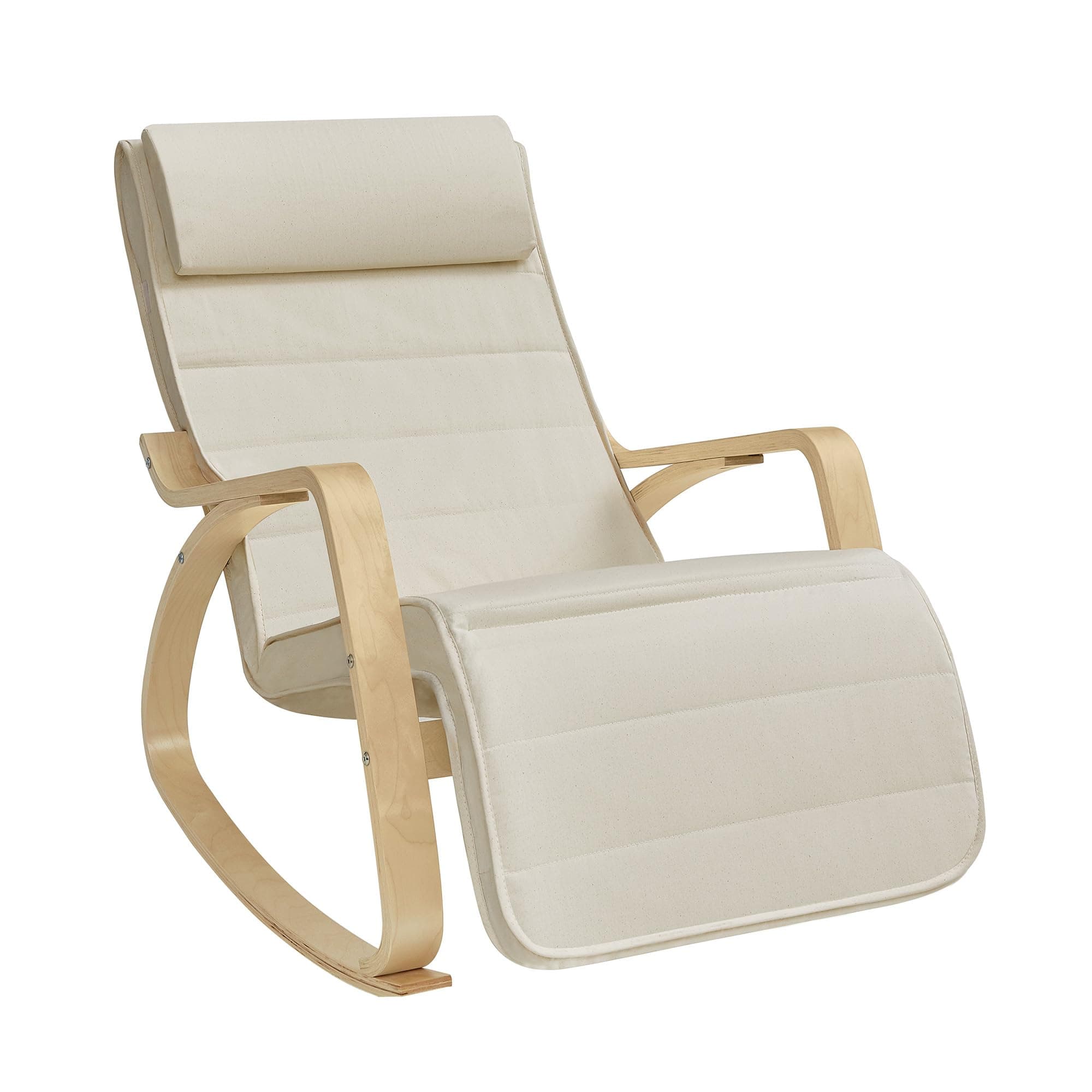 SONGMICS Silla Mecedora con Apoyabrazos de Madera de Abedul, con Reposapiés Ajustable en 5 Posiciones, Capacidad de Carga Máxima 150 kg, Dormitorio, Salón, Beige LYY10M