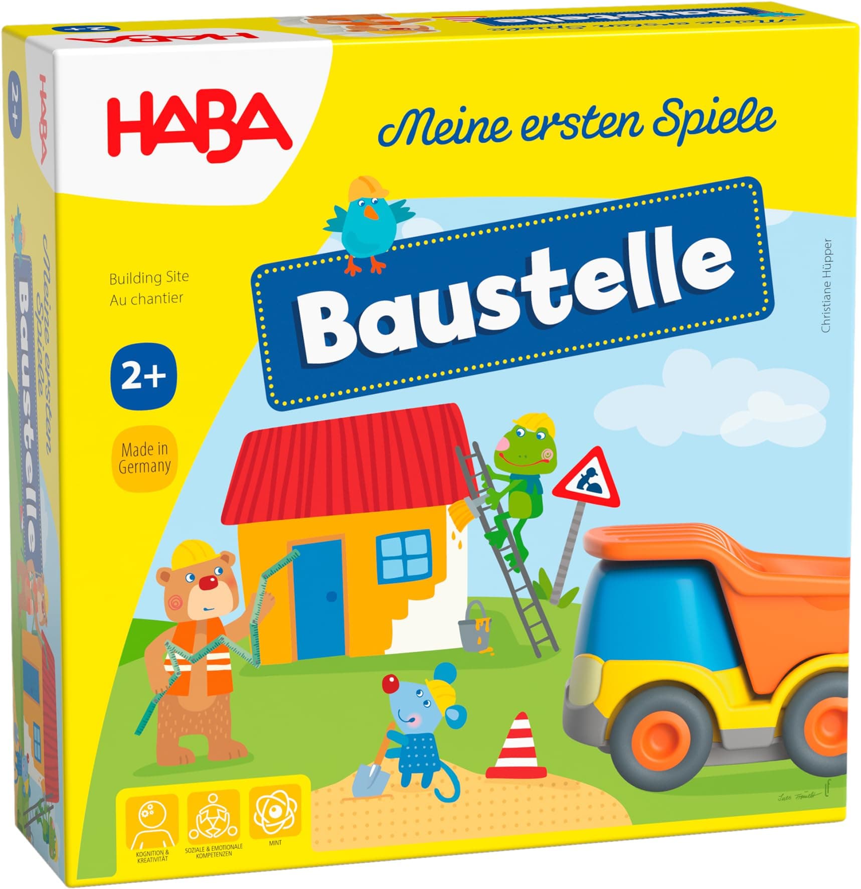 HABA Meine ersten Spiele – Baustelle: Zuordnungs- und Memospiel mit Kullerbü-Fahrzeug und Vorlesegeschichte, Baugeschichten für Kinder ab 2 Jahren – 1305211001