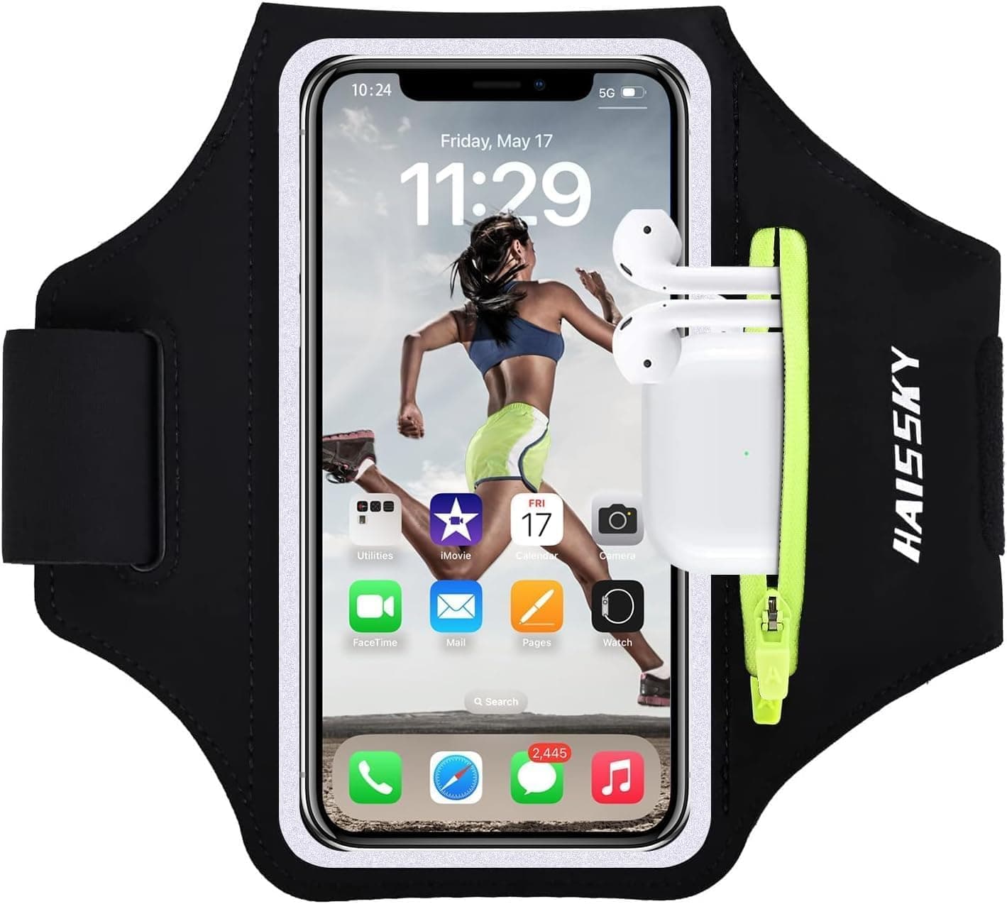 Brassard de Sport avec Poche pour Écouteurs et Clés,Compartiment Zippé -Brassard de Course Imperméable pour iPhone 17/16/15 Pro Max(Jusqu'à 6.9")-Brassard de téléphone pour Jogging,Running et Fitness
