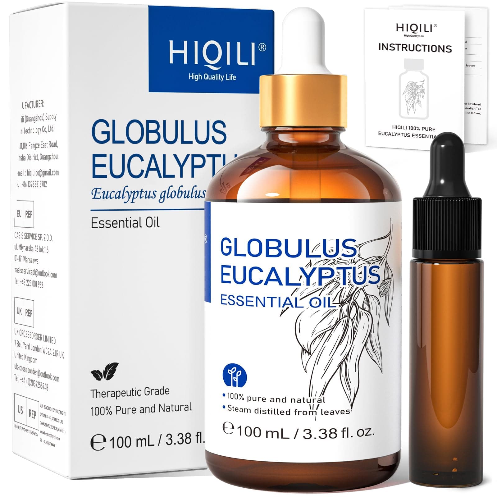 HIQILI Olio Essenziale Eucalipto 100ml, 100% Naturale, Olio Aromaterapico per Viso, Candele, Diffusore, Pelle e Capelli - 3.38 Fl Oz