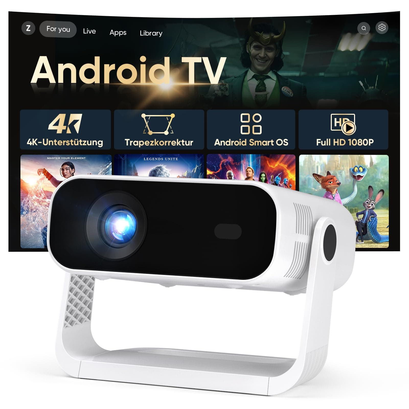 2026 Neuer Smart Mini Beamer Integrierte APP, Android 14, Full HD 1080P, unterstützt 4K-Decodierung, 20000 Lumens, Automatische Trapezkorrektur, WiFi6 & BT5.2 ,Beamer 4K Heimkino für Handy/HDMI/PC