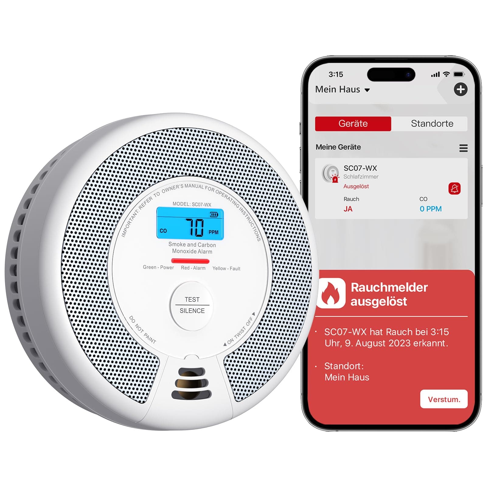 X-Sense WLAN-Rauch- und Kohlenmonoxidmelder mit austauschbarer Batterie, intelligenter Kombinationsmelder, kompatibel mit der X-Sense Home Security-App, SC07-WX, 1 Stück