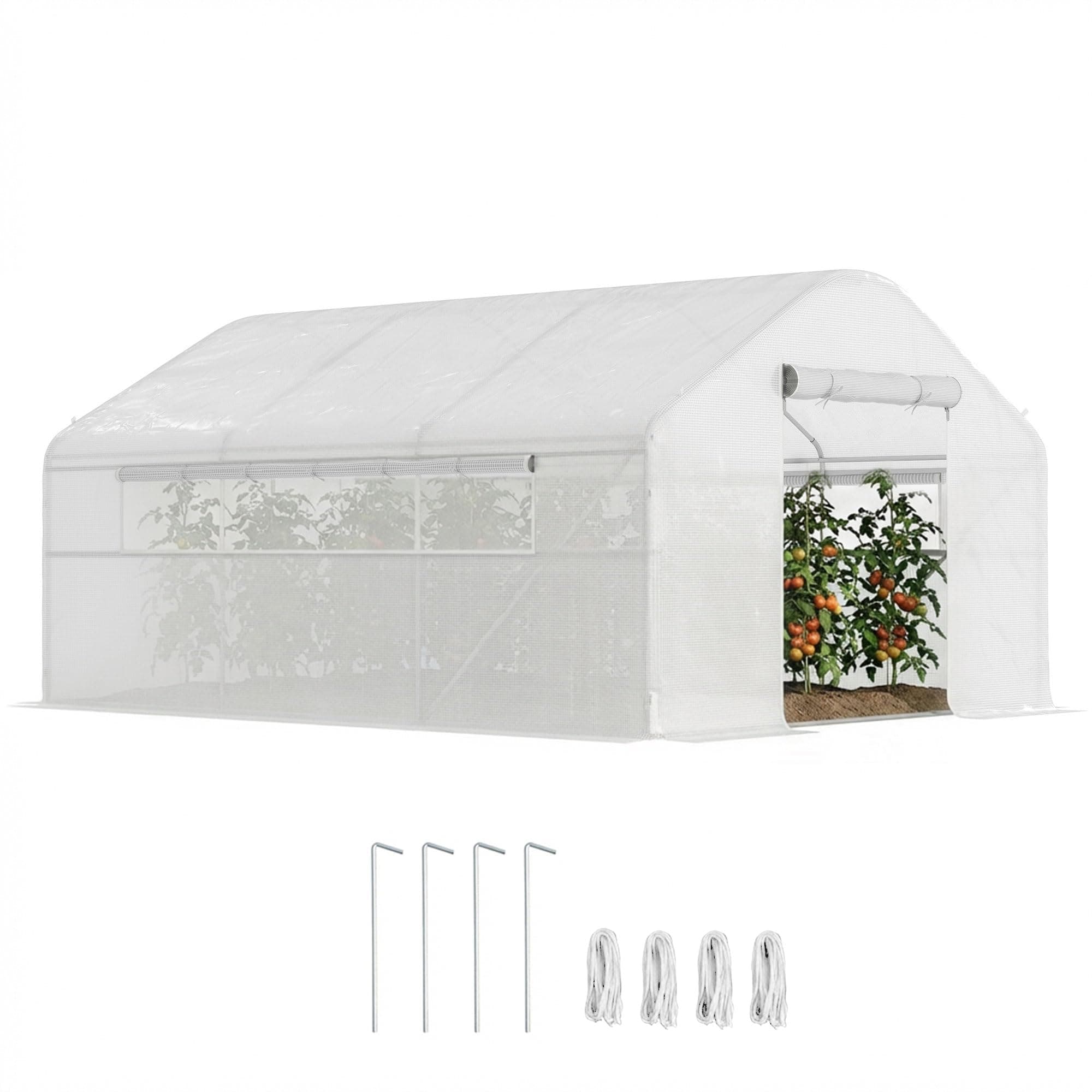 Outsunny Serre de jardin 12 m², serre tunnel de jardin 4 x 3 x 2 m avec portes enroulables et grandes fenêtres en maille, serre en acier galvanisé et PE haute densité 140 g/m² résistante aux UV, blanc