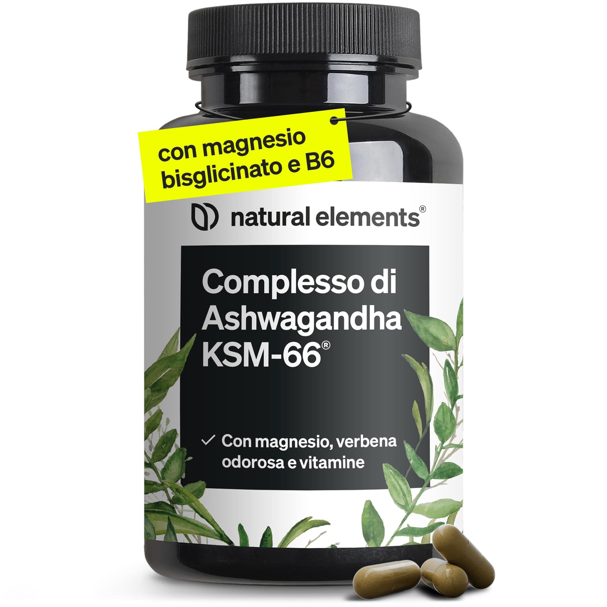 Ashwagandha KSM-66, 120 Capsule, completo con Magnesio Bisglicinato, Vitamine B6, B12 e Vitamina C, 600mg Ashwagandha per dose giornaliera, vegano, prodotto e testato in Germania