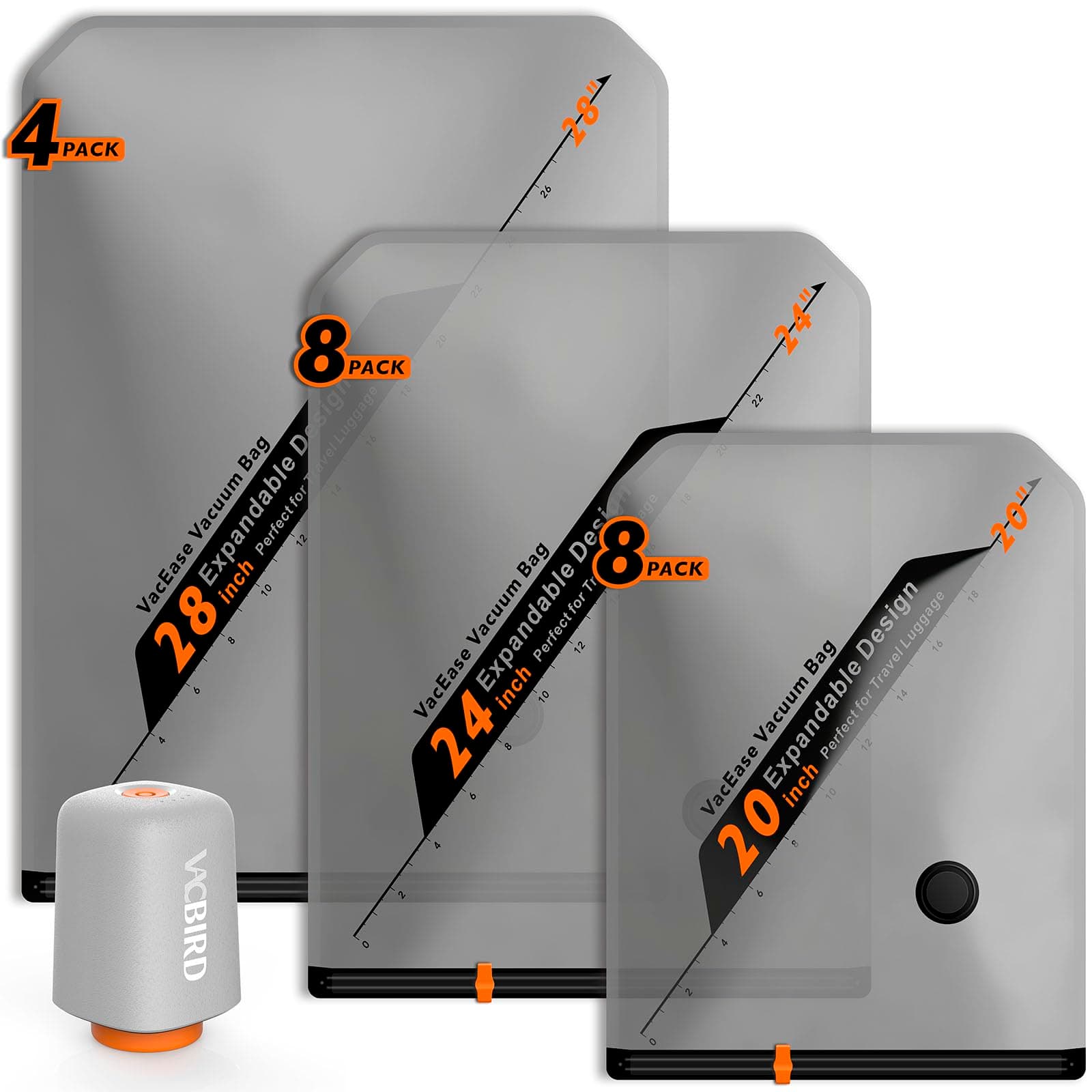 Vacbird Sac de Rangement Sous Vide avec Pompe à Vide Sans Fil, 20 Pièces (8 * 40x54cm, 8 * 47x64cm, 4 * 54x74cm), Sac Sous Vide Vetement Peu Encombrant – Idéaux pour Voyager et Organiser Vos Bagage