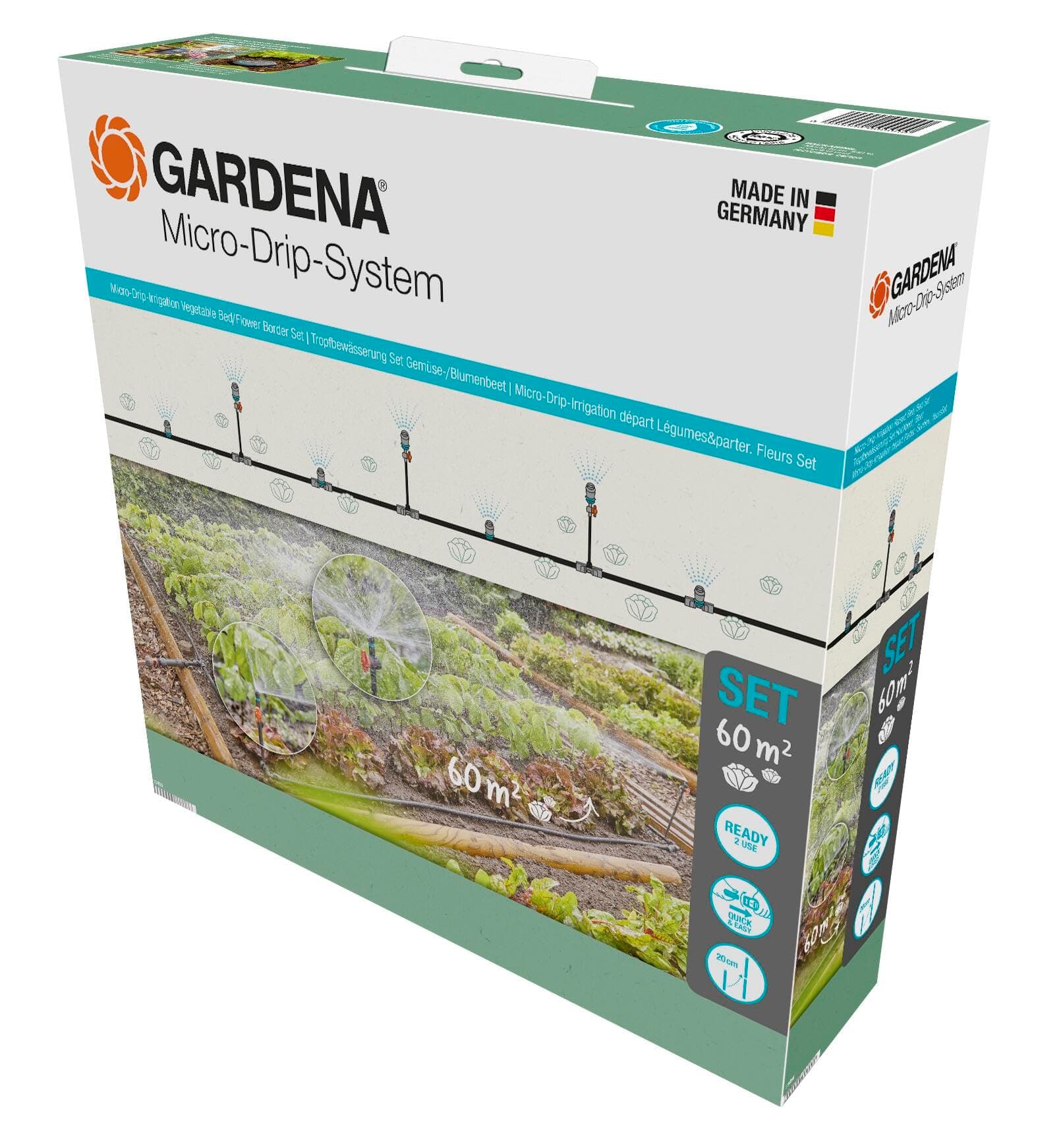 Gardena Micro-Drip System Kit d'irrigation goutte à goutte pour parterres de légumes/fleurs (60 m²): kit de démarrage prêt à l'emploi, système d'irrigation à économie d'eau (13450-20)
