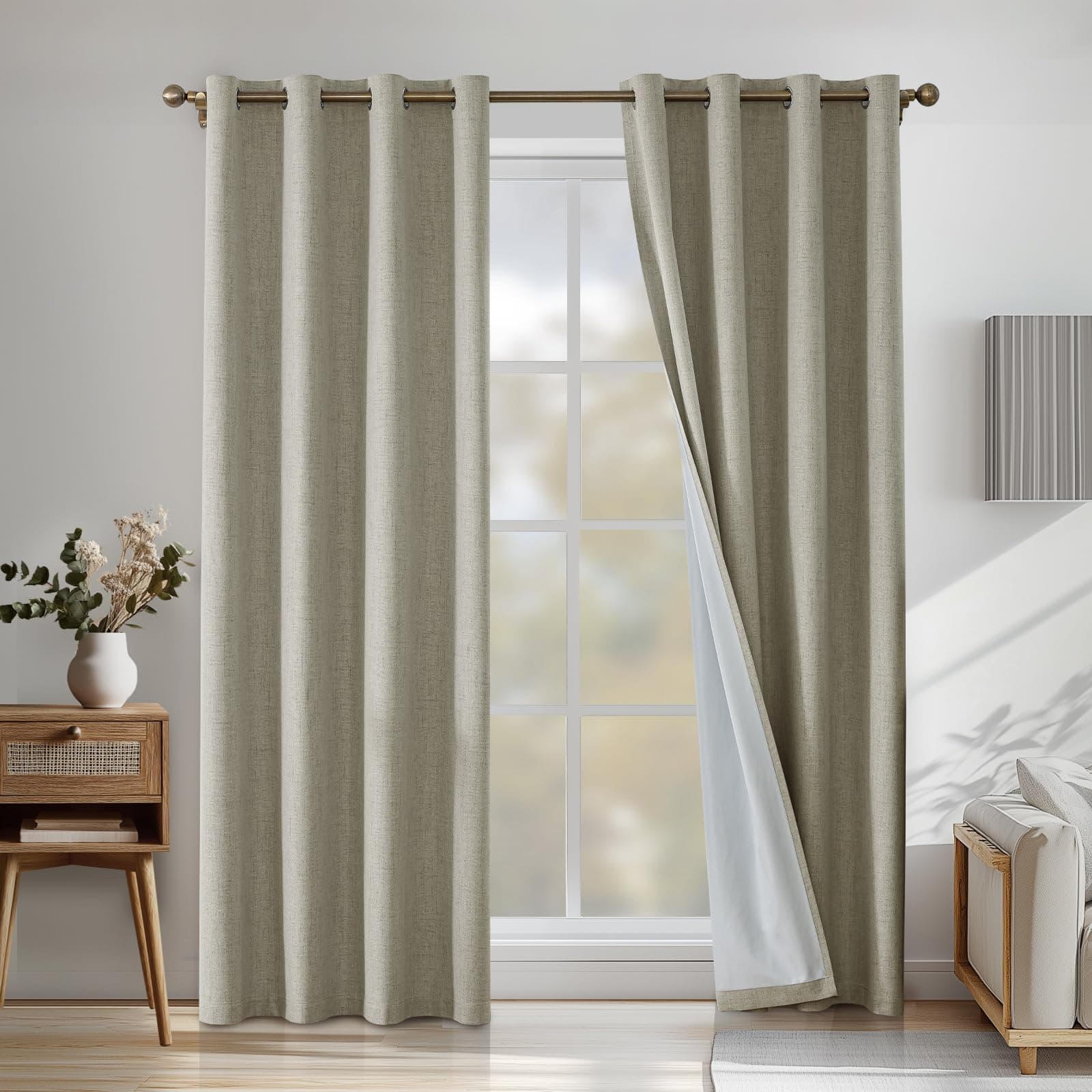 CYCMACO 100% Cortinas Opacas 2 Piezas, 140x260cm, Lino Cortinas Dormitorio, Cortina Termica Aislante Frio Y Calor, Modernas Suave Cortina Insonorizantes, para Salon Dormitori, Natural