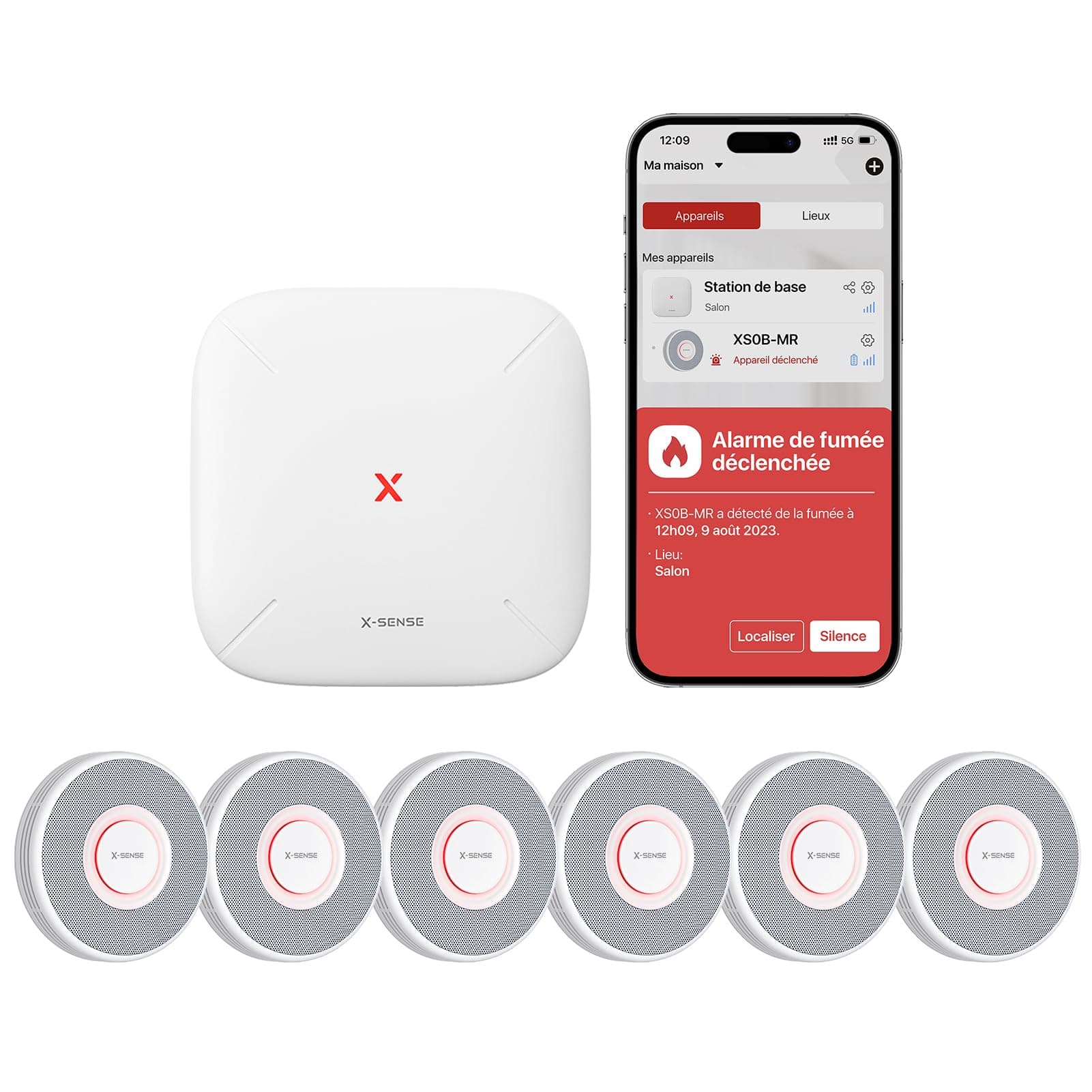 X-Sense Détecteur de Fumée Connecté avec Alertes Vocales Français et 17 Zones, Alarme Incendie Wi-FI Interconnectée avec Station de Base SBS50, XS0B-MR61