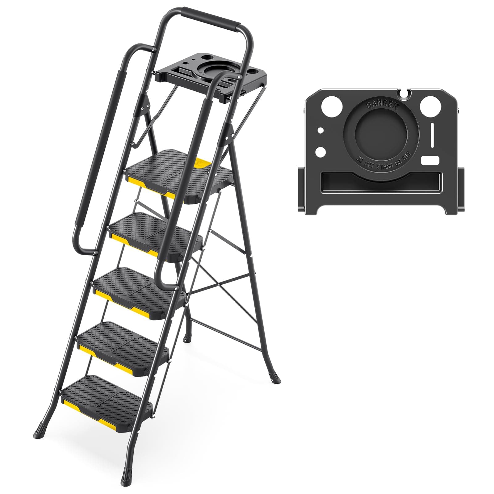 KINGRACK Escabeau 5 Marches avec Plateau à Outils et Large Pédale Antidérapante, Marche Pied Pliable avec Mains Courantes, Échelle Domestique pour Maison Cuisine Garde-Manger Placards et Bureau, Noir