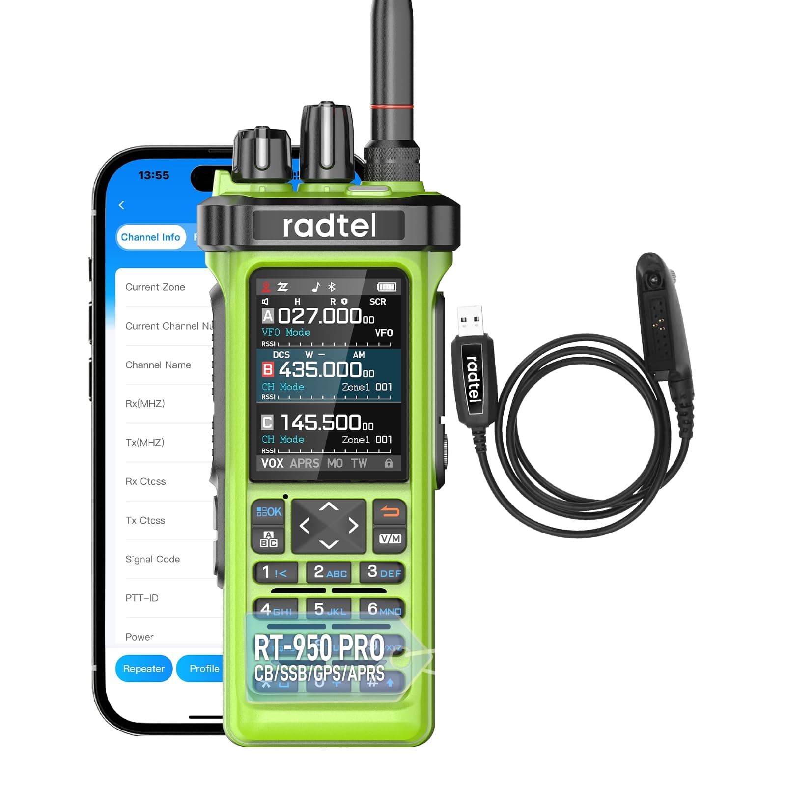 Radtel RT-950 Pro Ham Radio TX GPS/APRS, 10W Walkie Talkie Long Range Handheld Two Way Radio, Am/FM/CB/SW/MW/LW RX, Bluetooth App Programming, NOAA, Spectrum Analyzer,Green (with Programming Cable)
