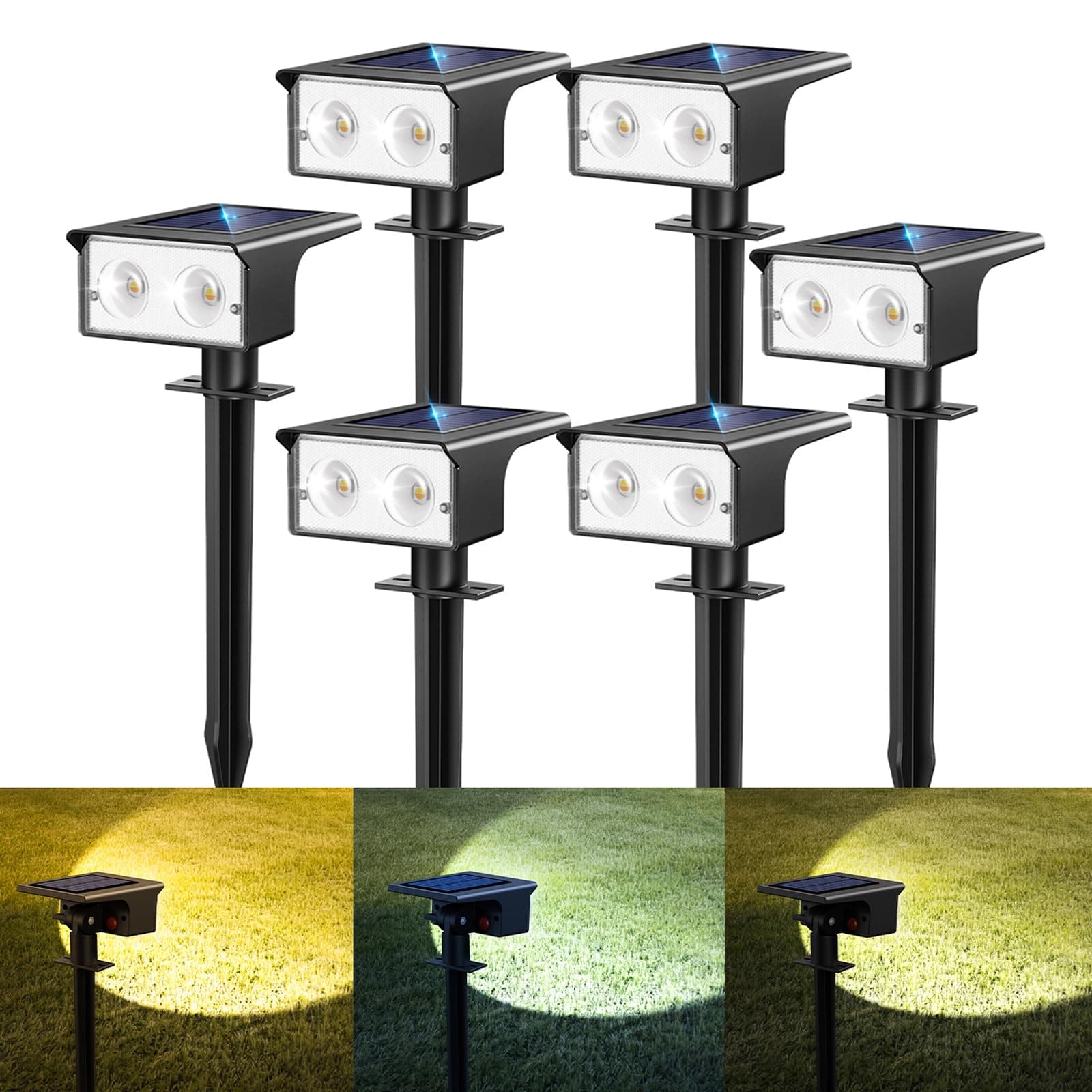 btfarm 6 Pezzi Faretti Solari a LED da Esterno, 3000K/4500K/6000K Luci Solari da Giardino IP65 Impermeabile, 2 Livelli di Luminosità Lampade Luce Solare Potenti per Cortile Vialetto Garage Prato