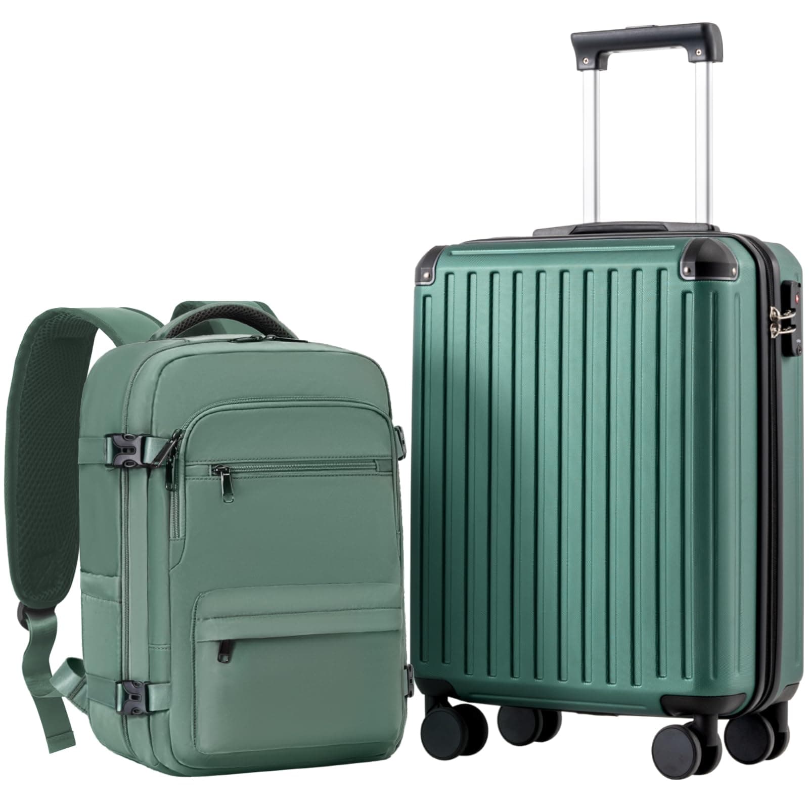 COOLIFE Maleta de cabina 55 x 40 x 20 cm para avión Ryanair, equipaje de mano, equipaje de cabina, maletín rígido con cerradura TSA y 4 ruedas gemelas (Verde Oscuro, 55 x 40 x 20 cm - Set de 2 piezas)