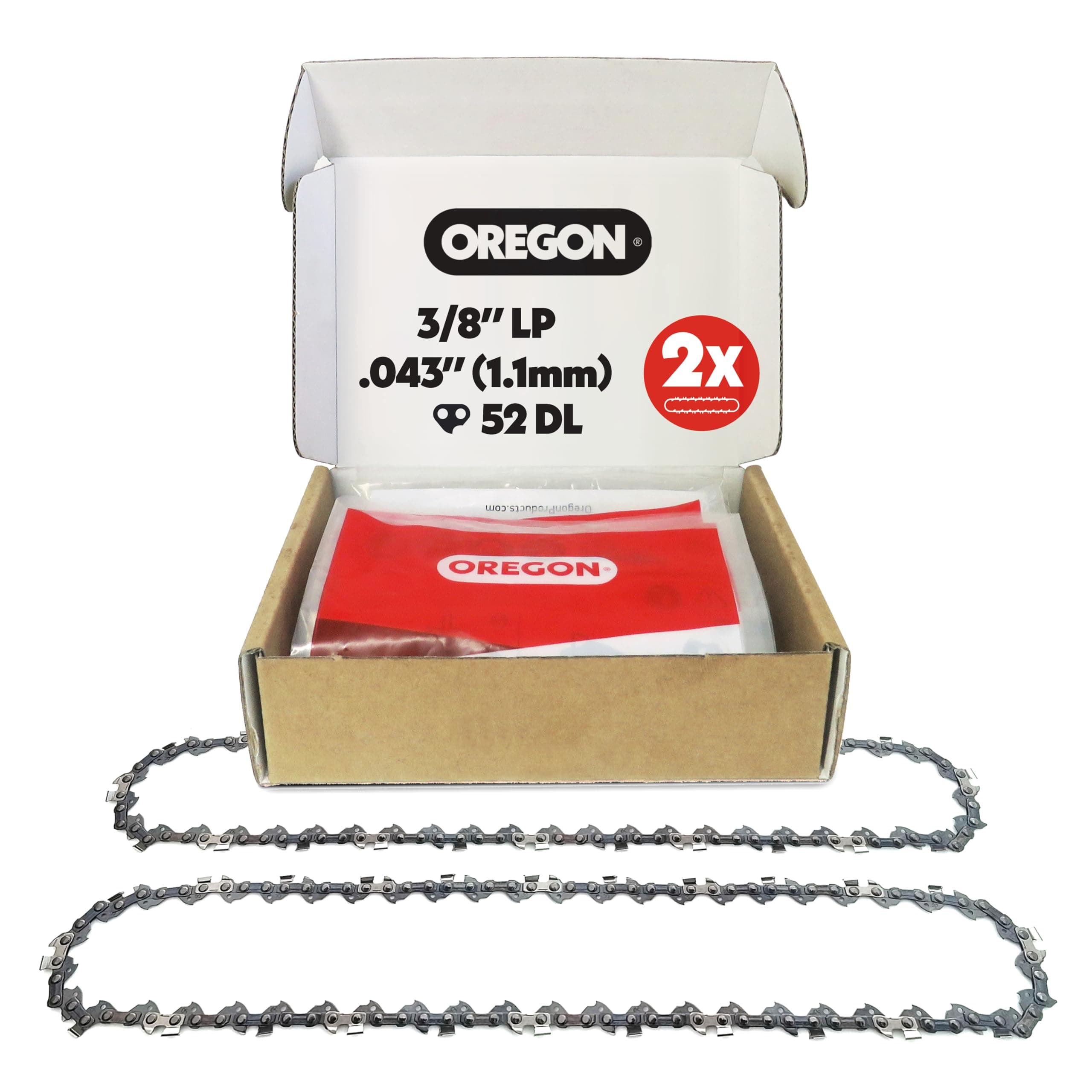 Oregon 2-er Pack Sägekette 3/8 LP Teilung, 0,43 Zoll (1,1 mm) Stärke, für 14 Zoll (35 cm) Führungsschiene, 52 Treibglieder - Geringer Rückschlag Ersatzsägekette für Bosch, Karcher, Husqvarna und mehr