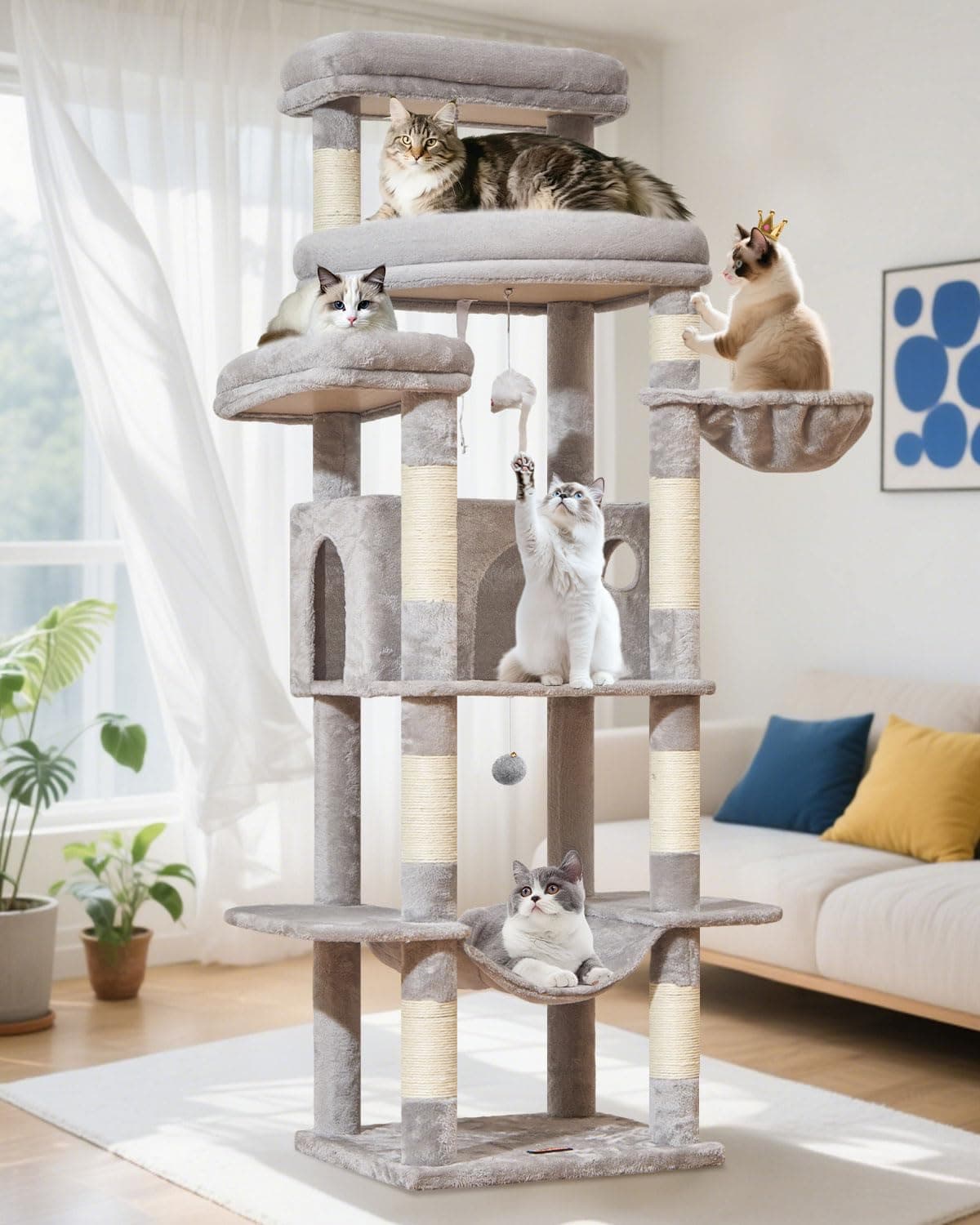 Taoqimiao Rascador para Gatos Grandes, 180cm Arbol Rascador para Gatos com Plataformas Grande, Espacioso Cuevas, Cesta, Hamaca, MS034W Gris Claro