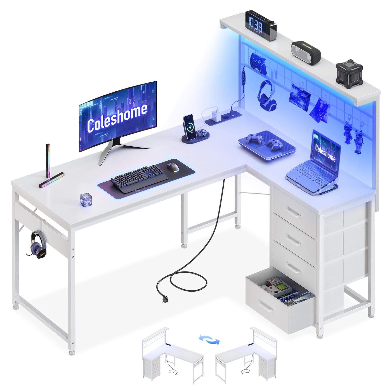 Coleshome Escritorio Gaming con LED, 130x100cm Mesa Gaming con 4 Cajones y Tomas de Corriente, Escritorio Esquinero Reversible con Estantes y Espacio de Almacenamiento, Blanco