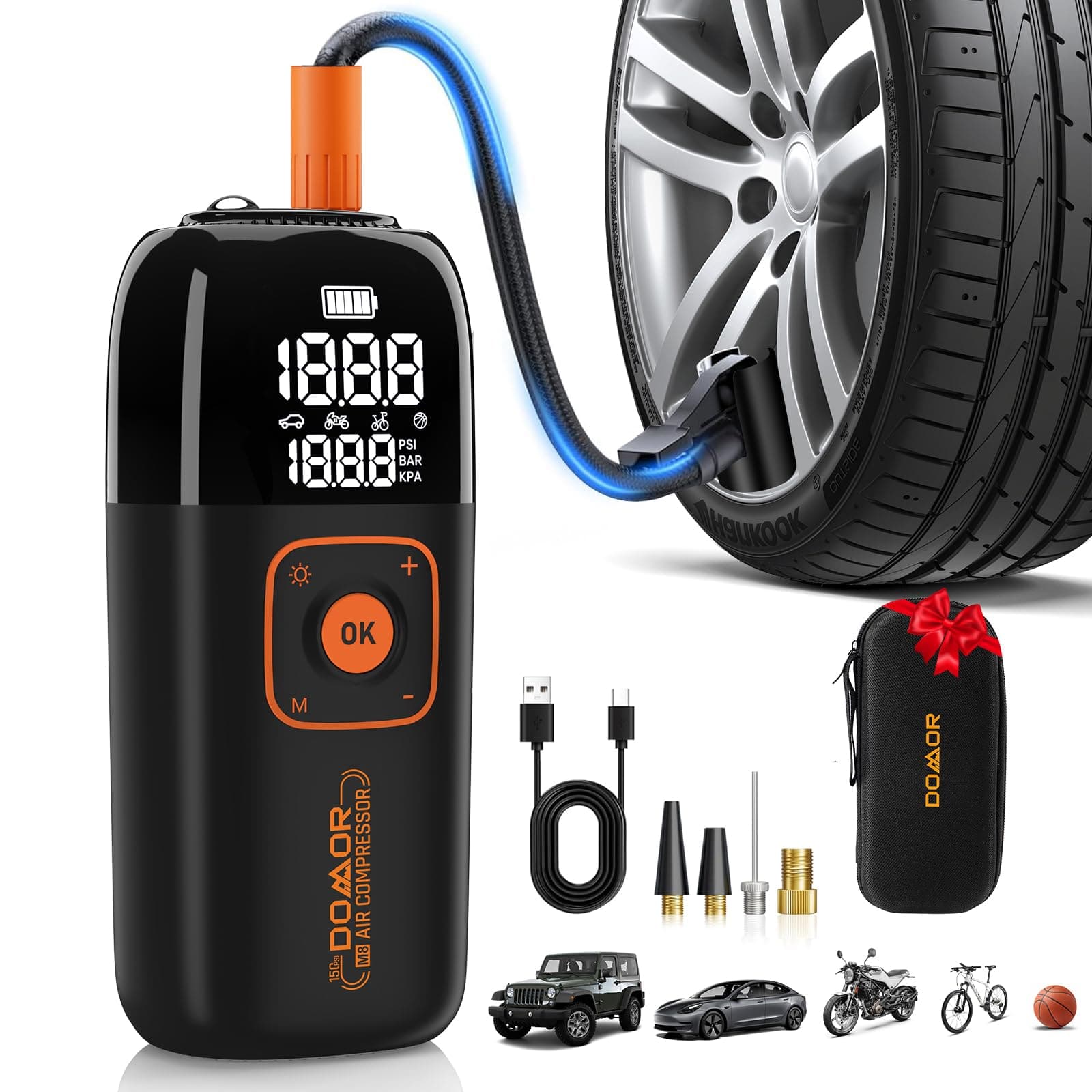 Gonfleur Pneus Voiture, Compresseur à Air Portatif sans Fil 150 PSI (10,35 Bar), Gonfleur Electrique, Pompe a Velo, Inflation Rapide, Arrêt Automatique, LED, pour Voiture, Moto, Vélo, Ballon