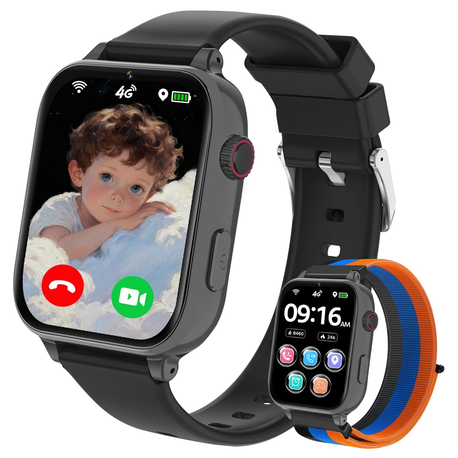 Reloj Inteligente Niño con GPS y Llamadas, 4G Smartwatch Niños Niña con Telefono, SOS, Chat de Voz, Videollamada, Modo Clase, Cámara, Podómetro, Reloj Infantil Niño Niña de 4 a 10 11 12 Años, Negro