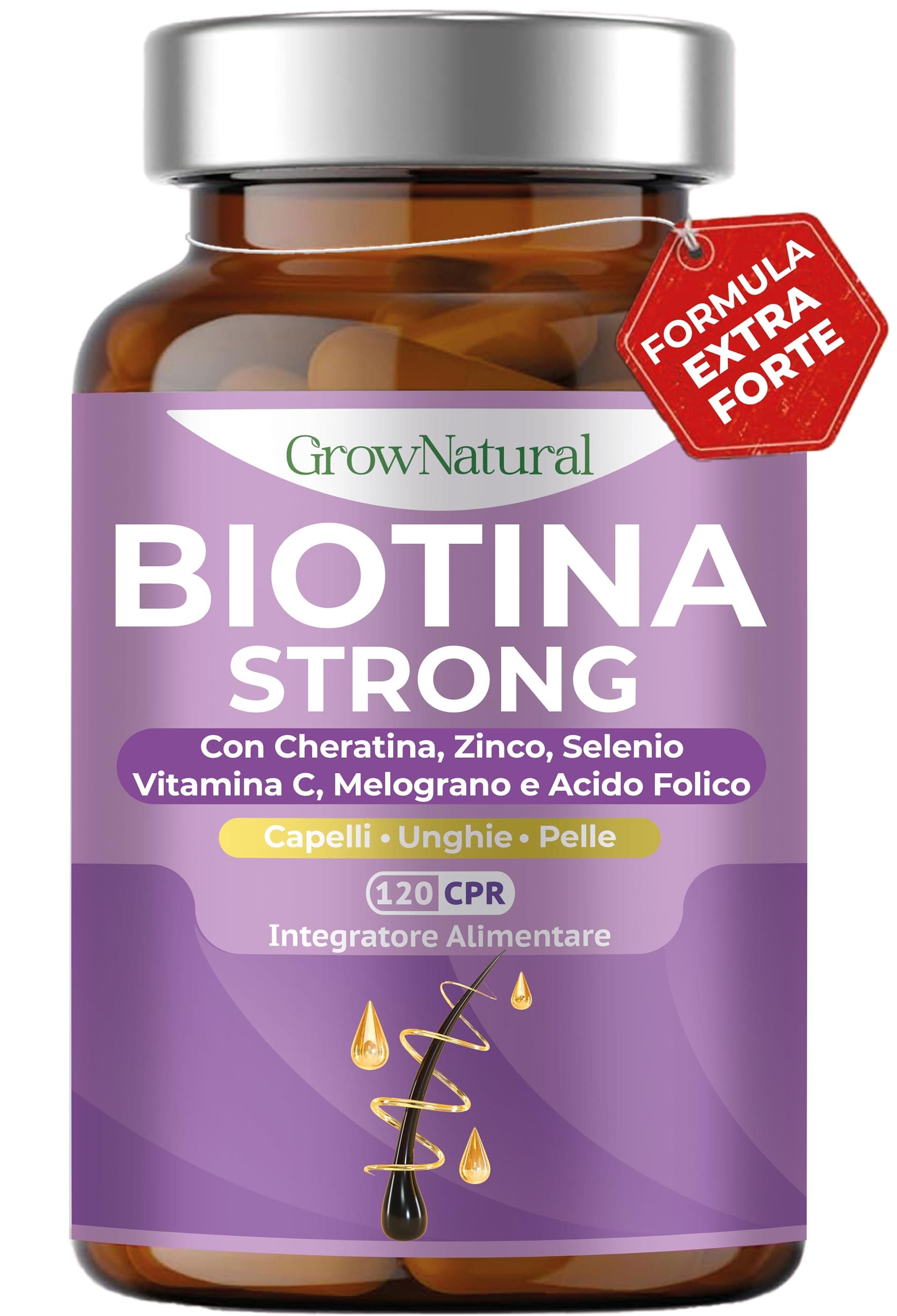 BIOTINA STRONG - Integratori per Capelli - Biotina Cheratina e Zinco - Vitamine per Crescita Capelli e anticaduta Donna e Uomo - 120 Compresse con Melograno, Vitamina C, Acido Folico e Selenio