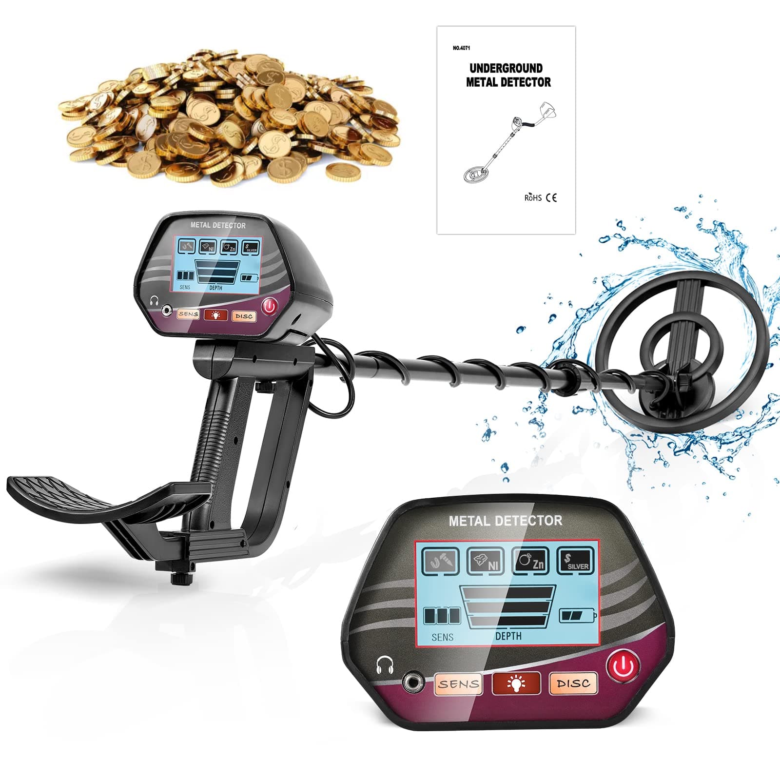 HIUYRFS Detector de Metales con 2 Baterías, Ajustable Longitud de 84-110 cm, Detector de Metales Impermeable de Alta precisión con Pantalla LCD para niños y Adultos